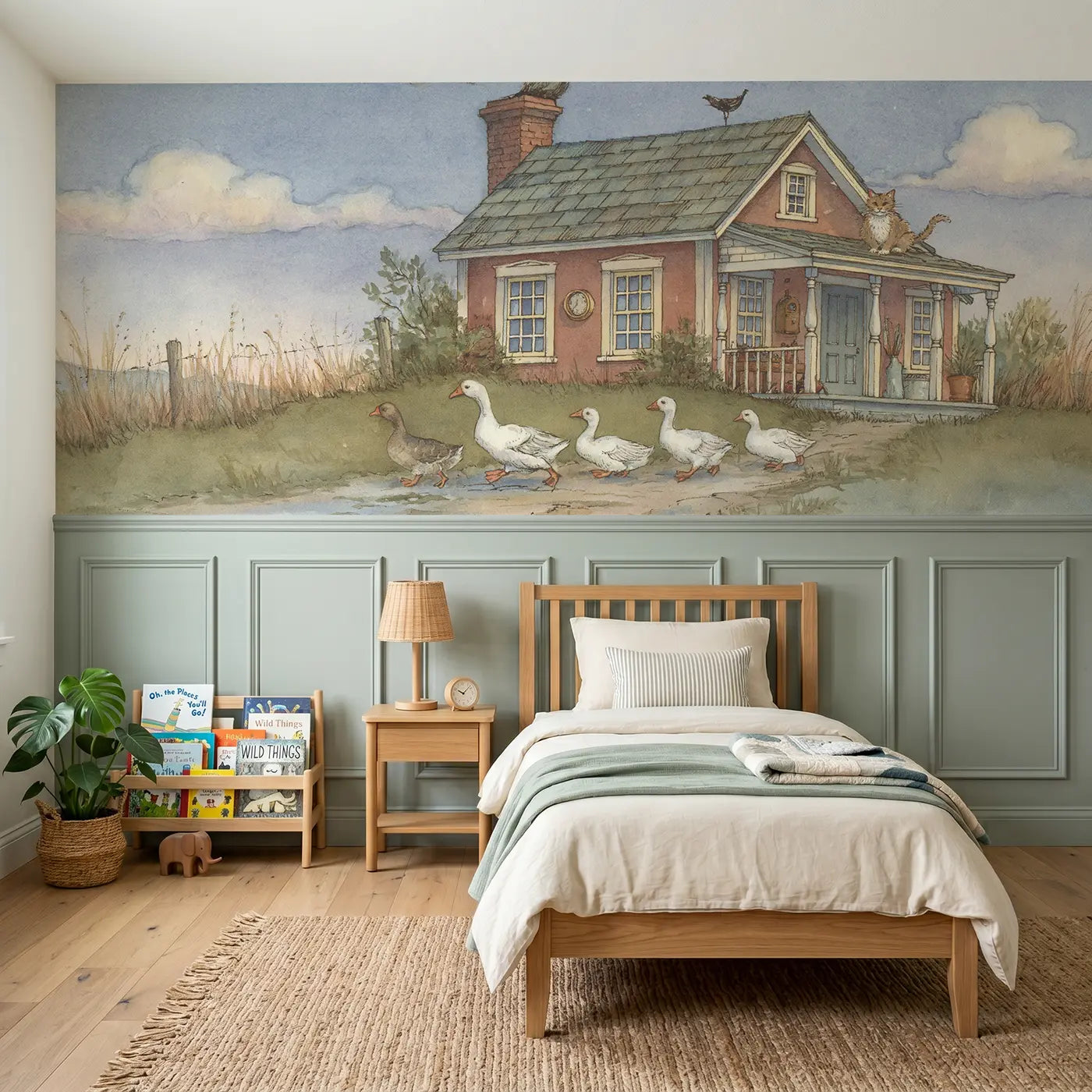 Storybook goose farmhouse waddle wainscoting wallpaper for bedroom by Whimsy Tots.