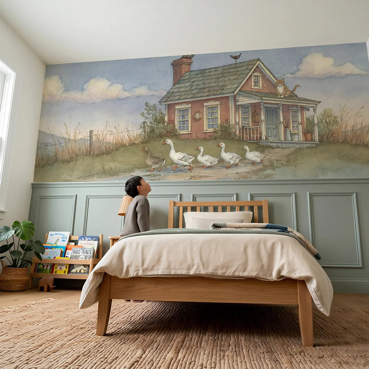 Child reading near Goose Farmhouse Waddle Wainscoting Wallpaper by Whimsy Tots