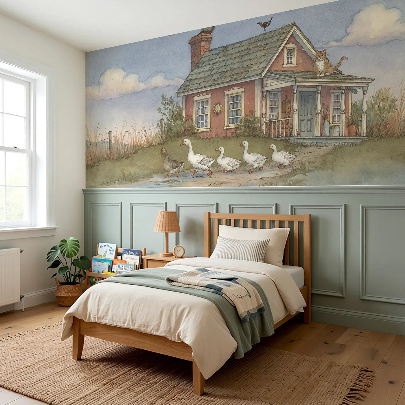 Goose Farmhouse Waddle Wainscoting Wallpaper styled in a kids bedroom by Whimsy Tots