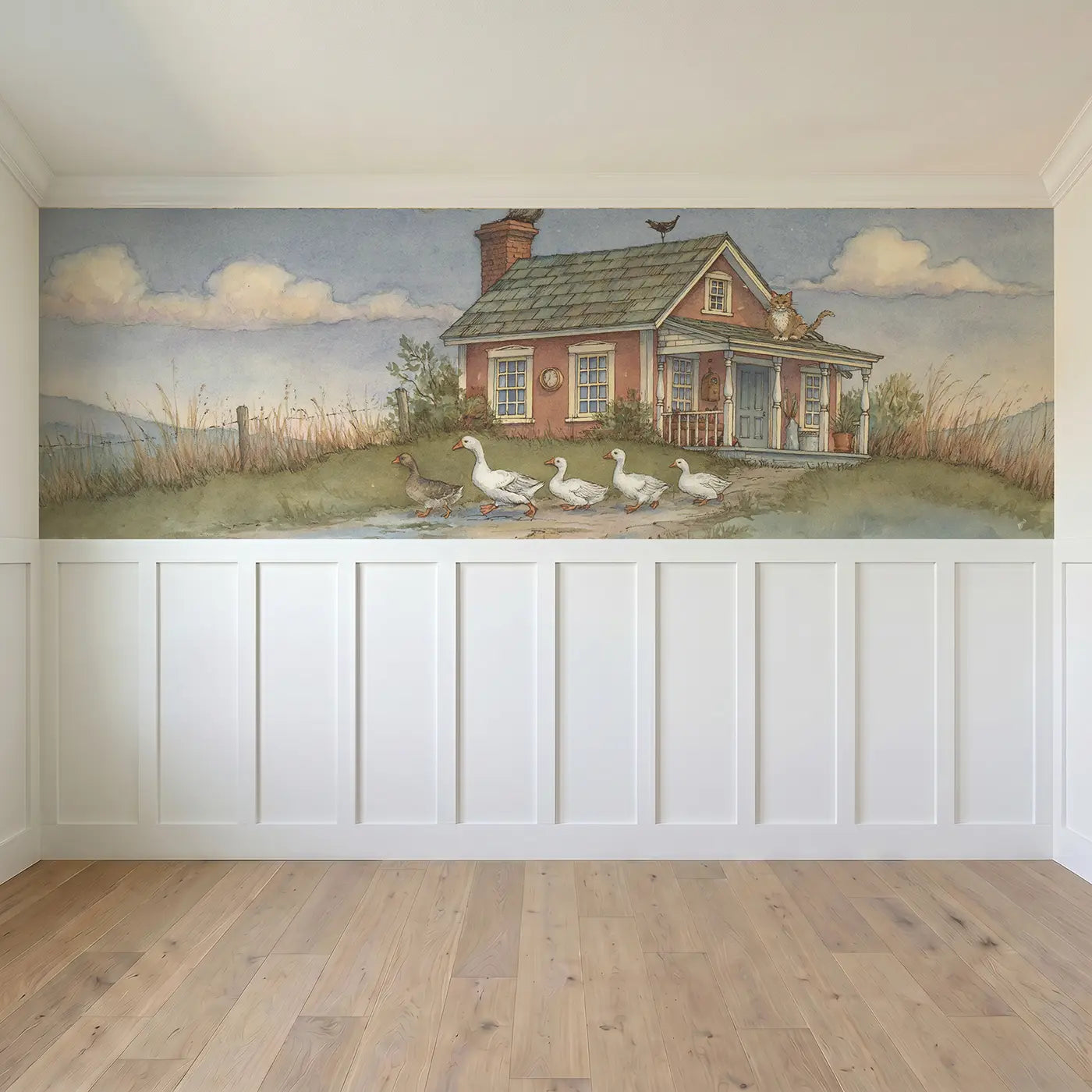 Full panel view of Goose Farmhouse Waddle Wainscoting Wallpaper by Whimsy Tots