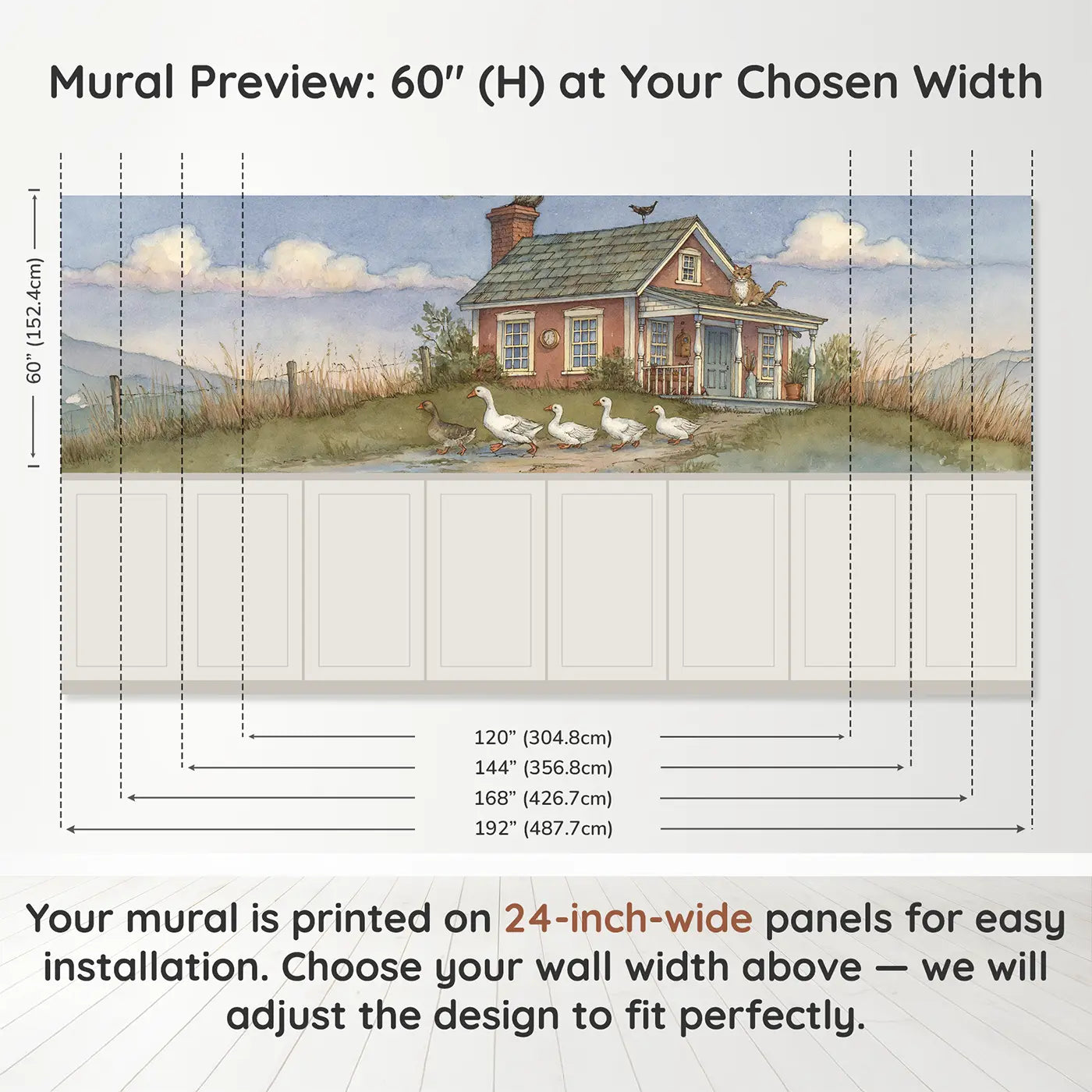 Panel dimensions for Goose Farmhouse Waddle Wainscoting Wallpaper by Whimsy Tots