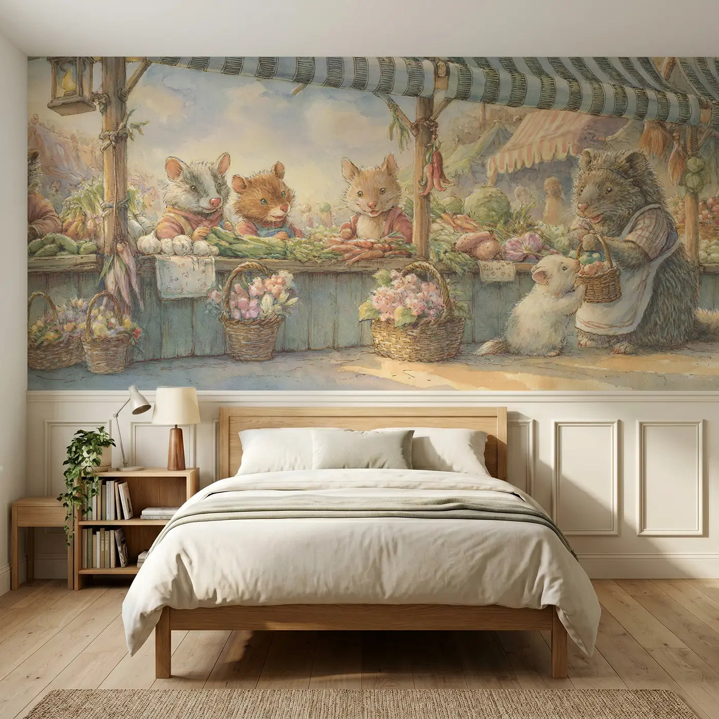 Storybook farmers market stand day wainscoting wallpaper for bedroom by Whimsy Tots.