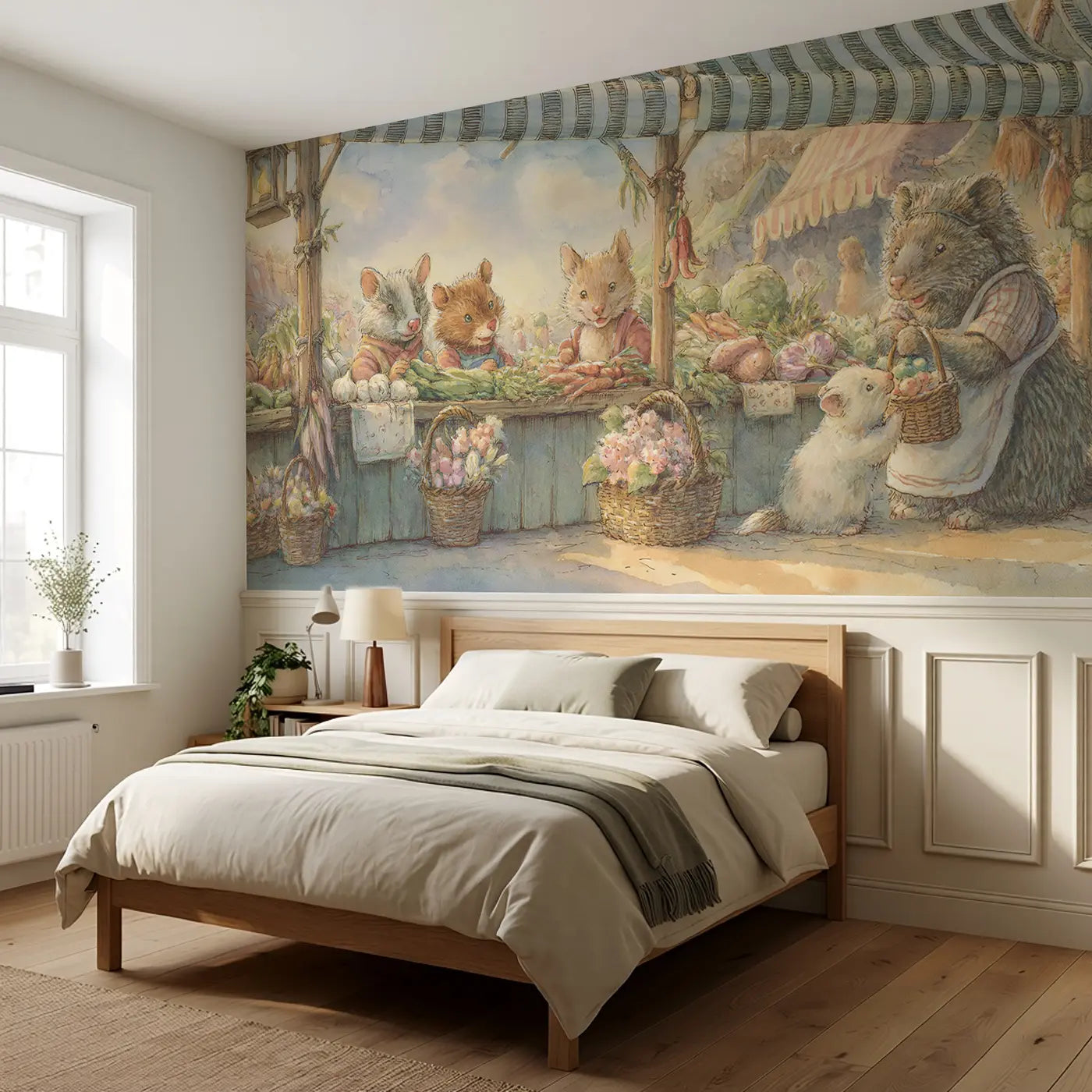 Farmers Market Stand Day Wainscoting Wallpaper styled in a kids bedroom by Whimsy Tots