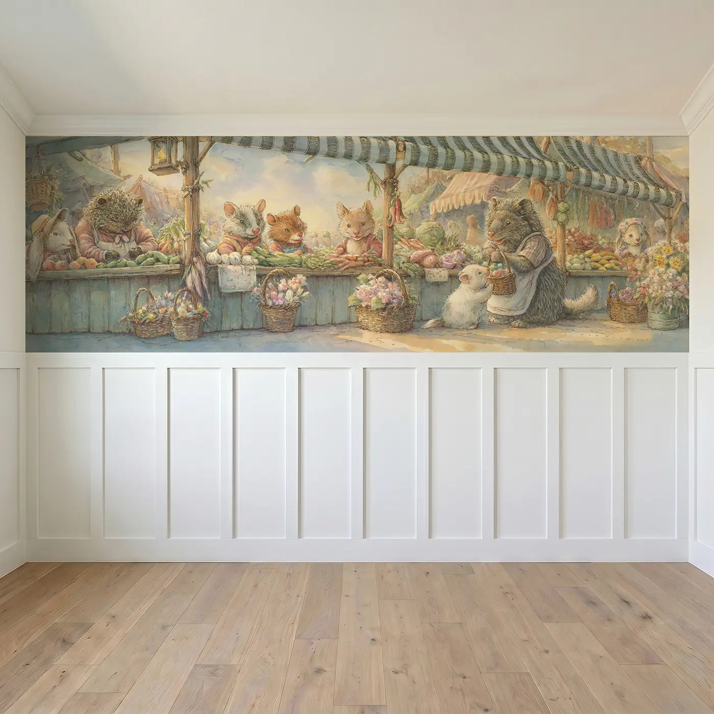 Full panel view of Farmers Market Stand Day Wainscoting Wallpaper by Whimsy Tots