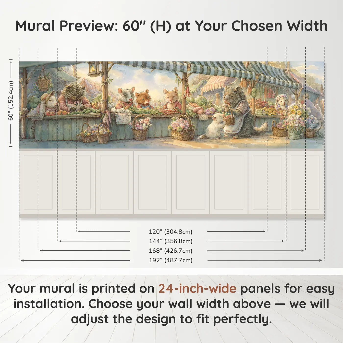 Panel dimensions for Farmers Market Stand Day Wainscoting Wallpaper by Whimsy Tots