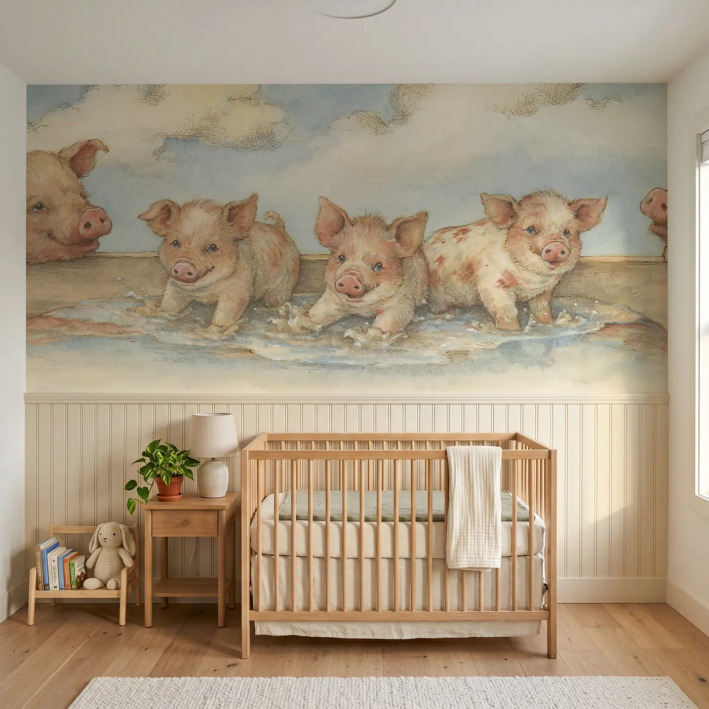 Storybook piglet mud puddle splash wainscoting wallpaper for nursery by Whimsy Tots.