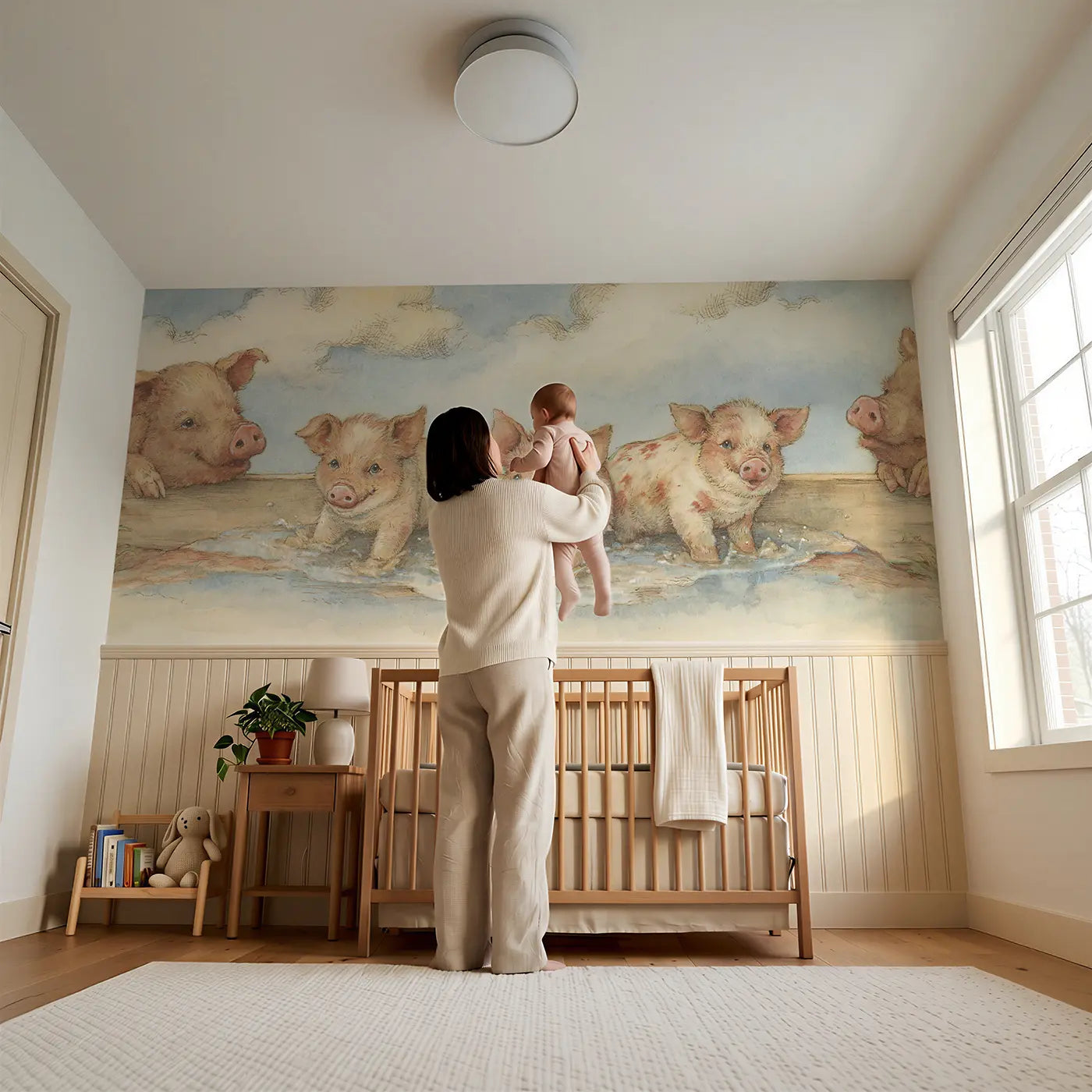 Child reading near Piglet Mud Puddle Splash Wainscoting Wallpaper by Whimsy Tots