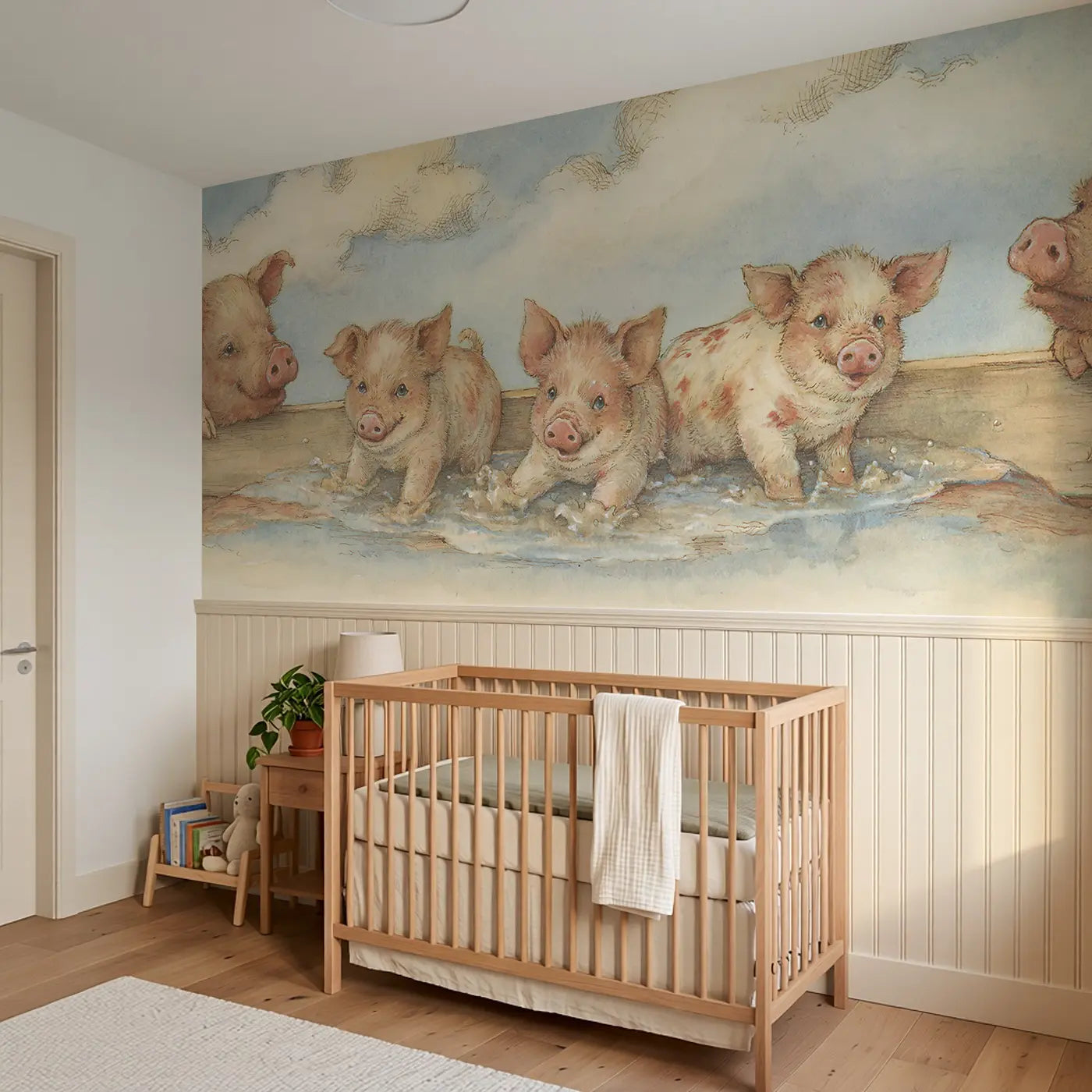 Piglet Mud Puddle Splash Wainscoting Wallpaper styled in a kids bedroom by Whimsy Tots
