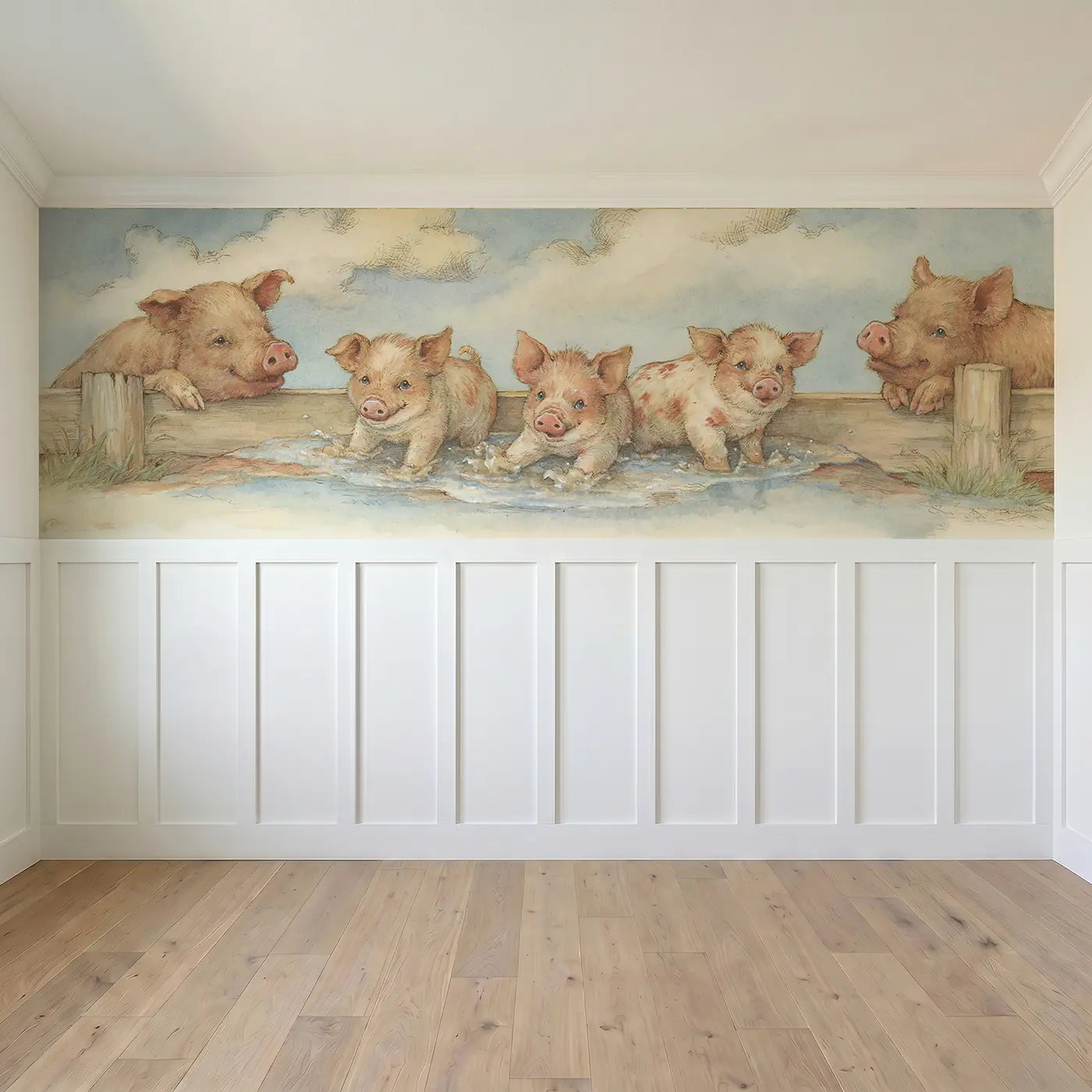 Full panel view of Piglet Mud Puddle Splash Wainscoting Wallpaper by Whimsy Tots