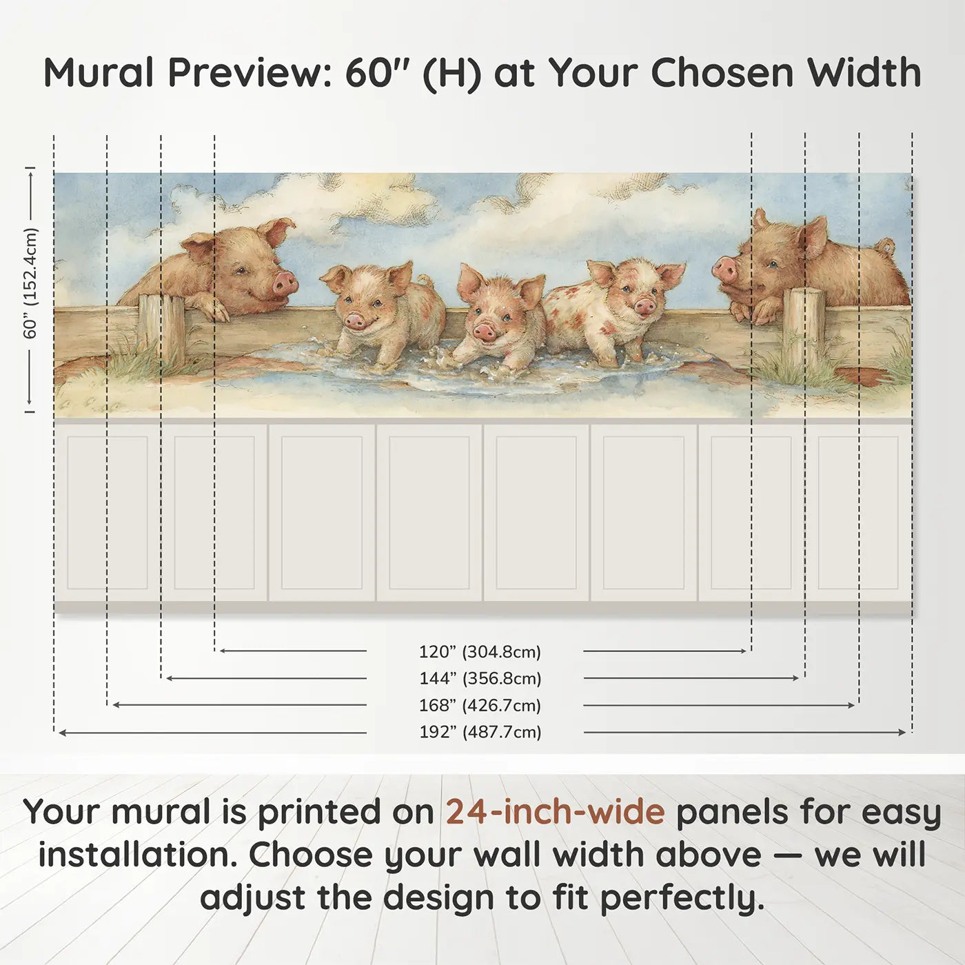 Panel dimensions for Piglet Mud Puddle Splash Wainscoting Wallpaper by Whimsy Tots