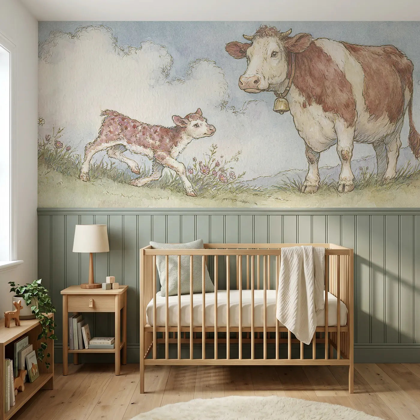 Storybook calf meadow first steps wainscoting wallpaper for nursery by Whimsy Tots.