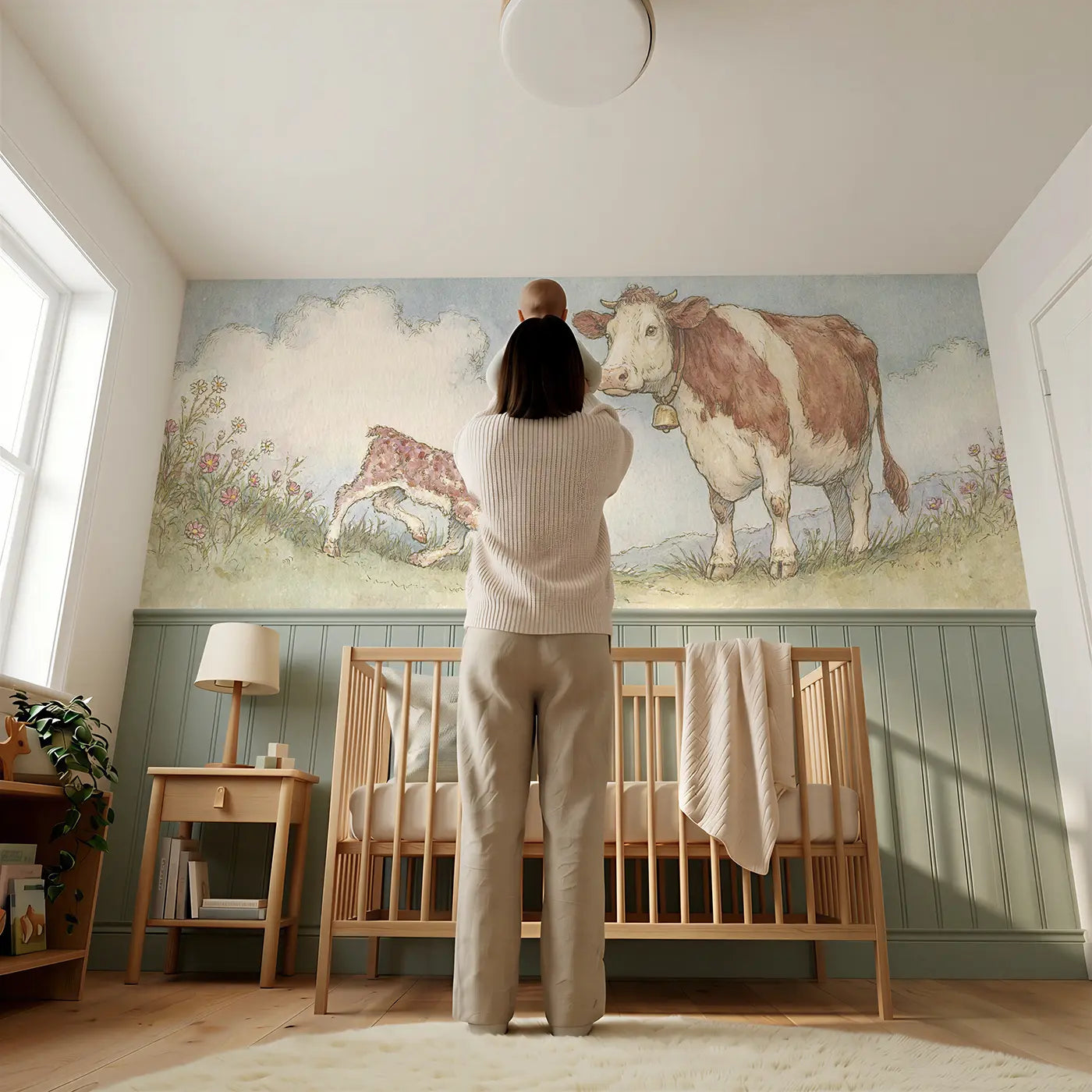 Child reading near Calf Meadow First Steps Wainscoting Wallpaper by Whimsy Tots