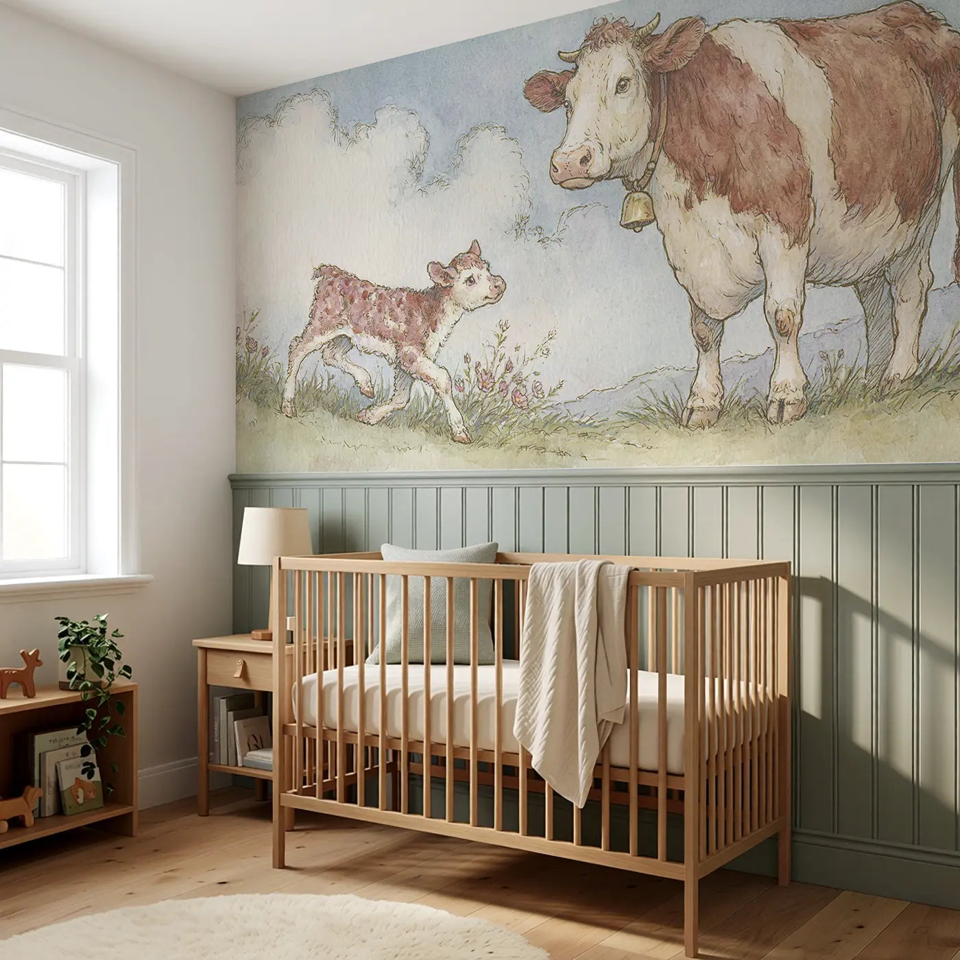 Calf Meadow First Steps Wainscoting Wallpaper styled in a kids bedroom by Whimsy Tots