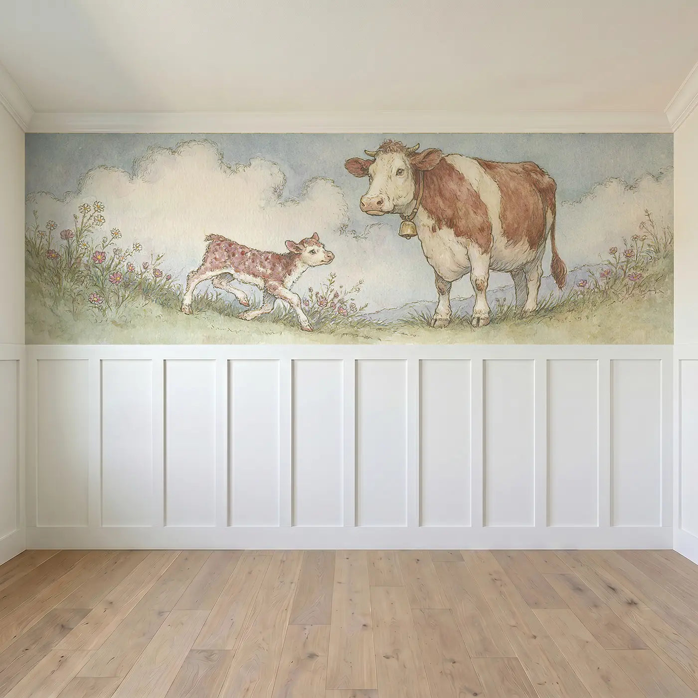 Full panel view of Calf Meadow First Steps Wainscoting Wallpaper by Whimsy Tots