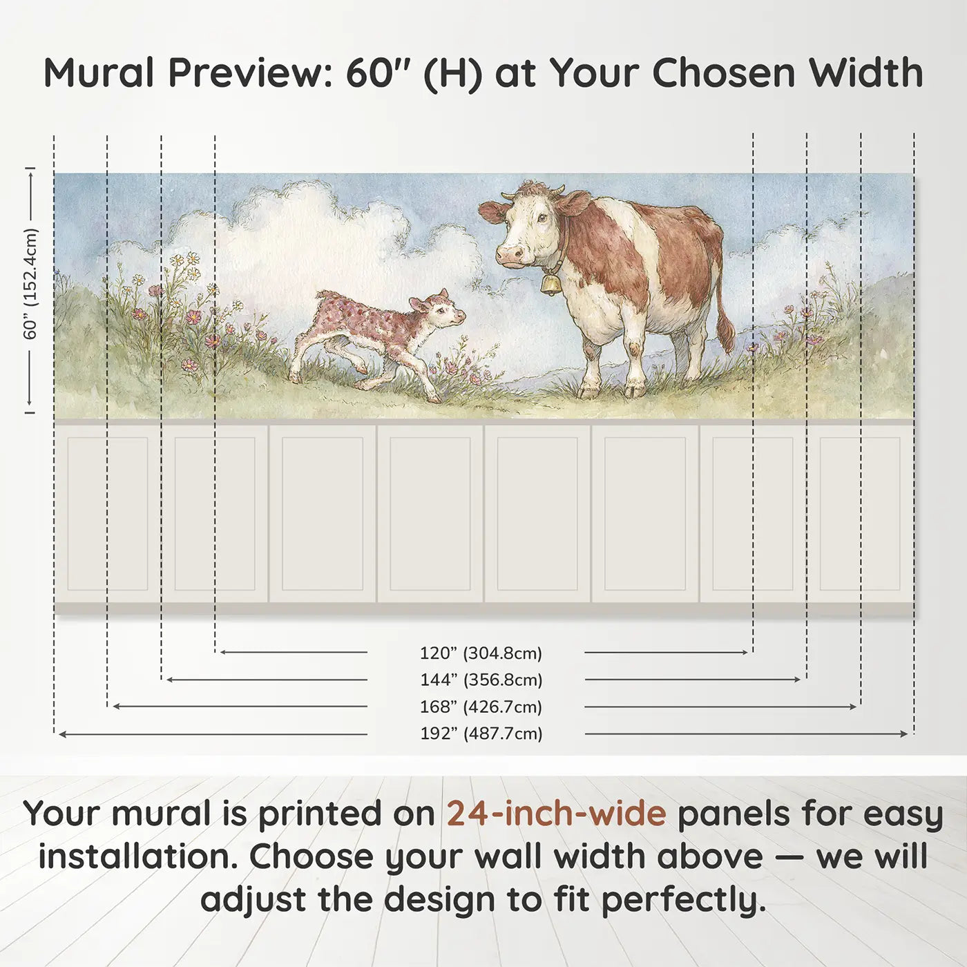 Panel dimensions for Calf Meadow First Steps Wainscoting Wallpaper by Whimsy Tots