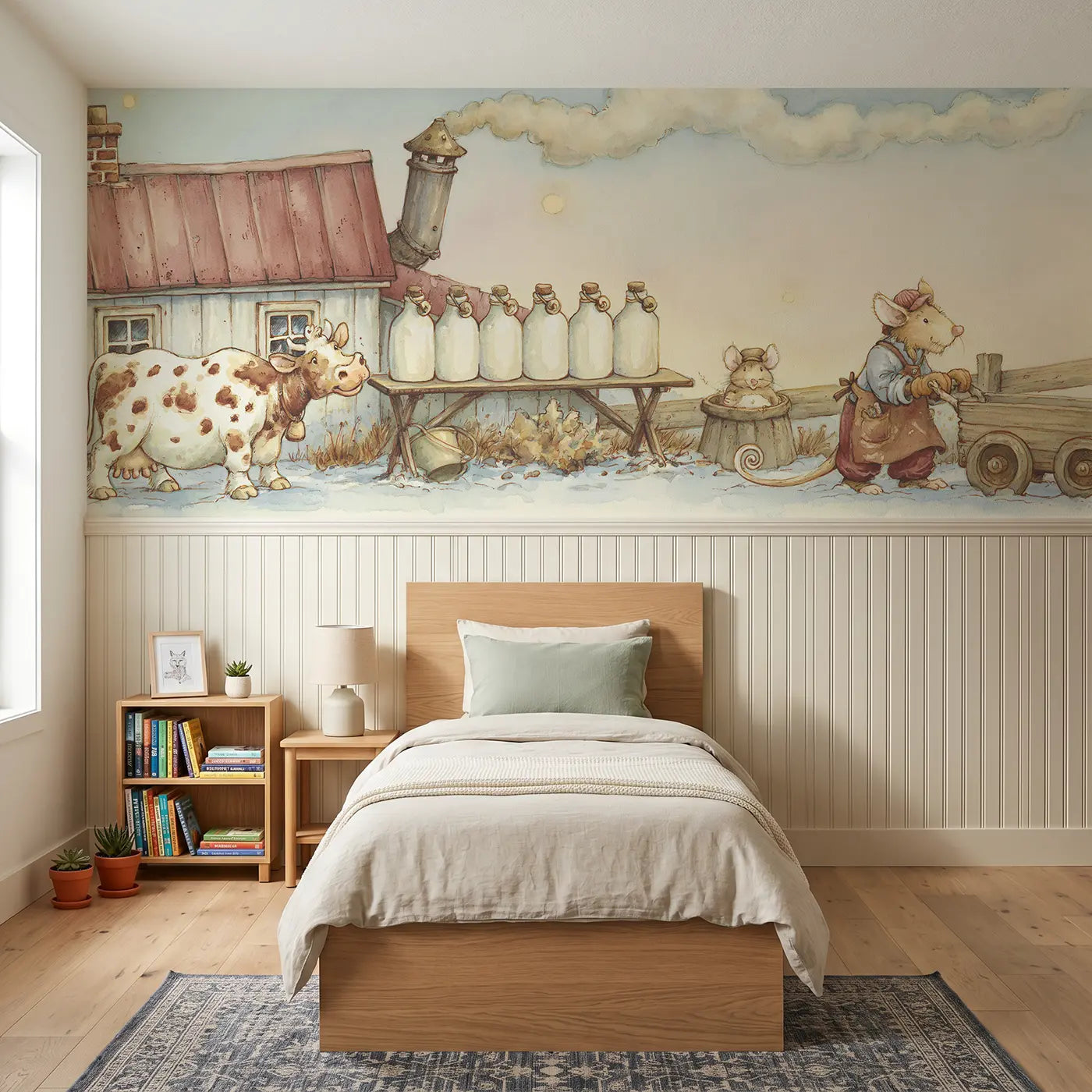 Storybook dairy farm morning wainscoting wallpaper for bedroom by Whimsy Tots.