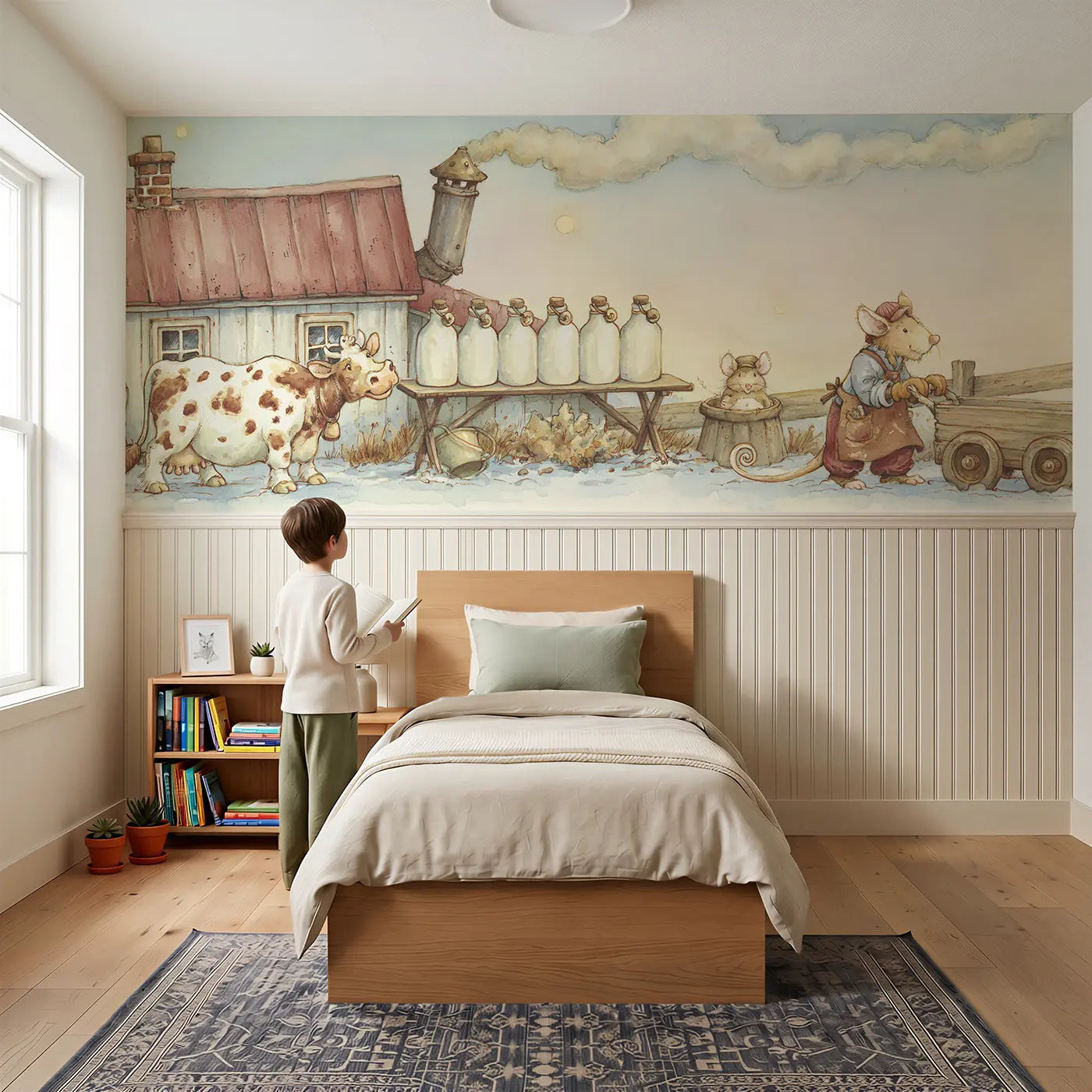 Child reading near Dairy Farm Morning Wainscoting Wallpaper by Whimsy Tots