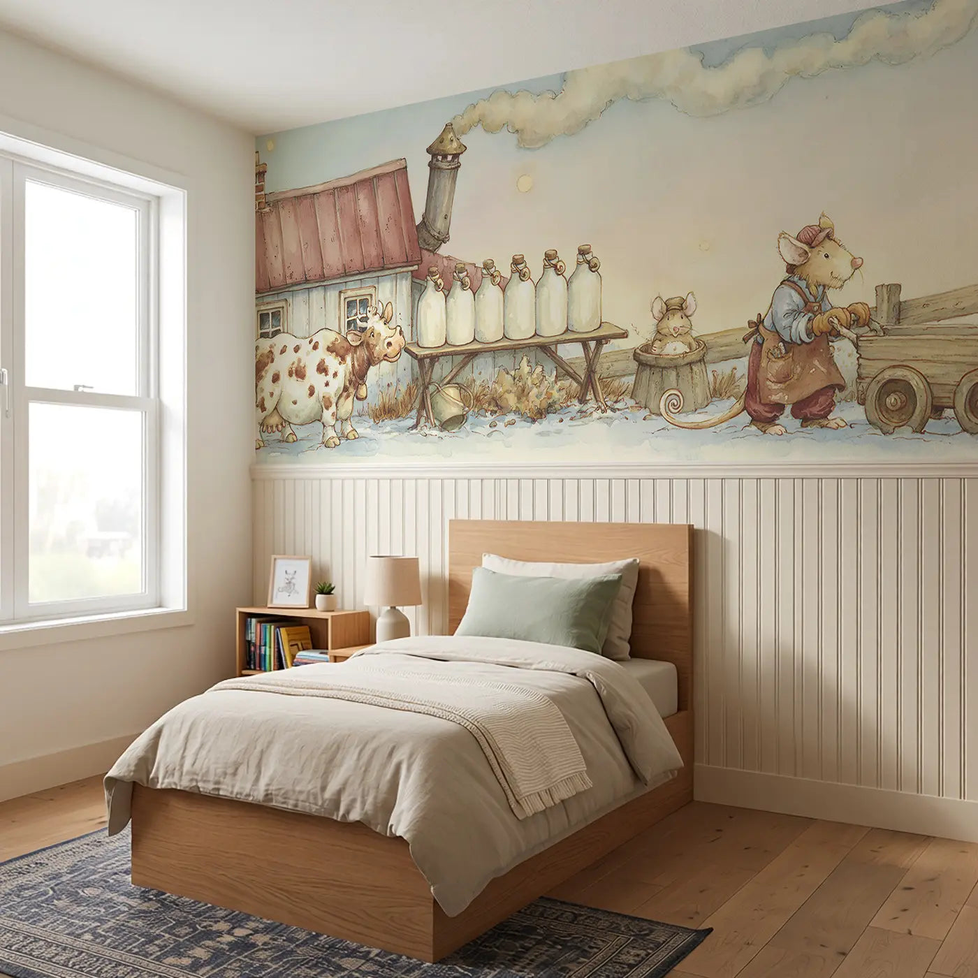 Dairy Farm Morning Wainscoting Wallpaper styled in a kids bedroom by Whimsy Tots