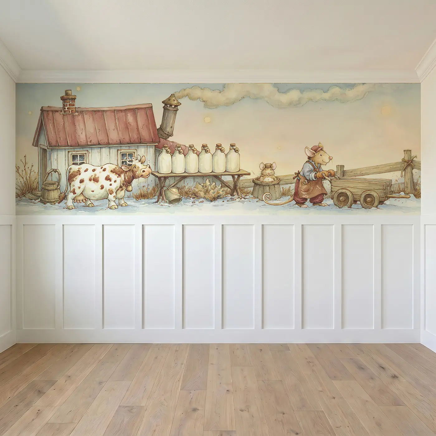 Full panel view of Dairy Farm Morning Wainscoting Wallpaper by Whimsy Tots
