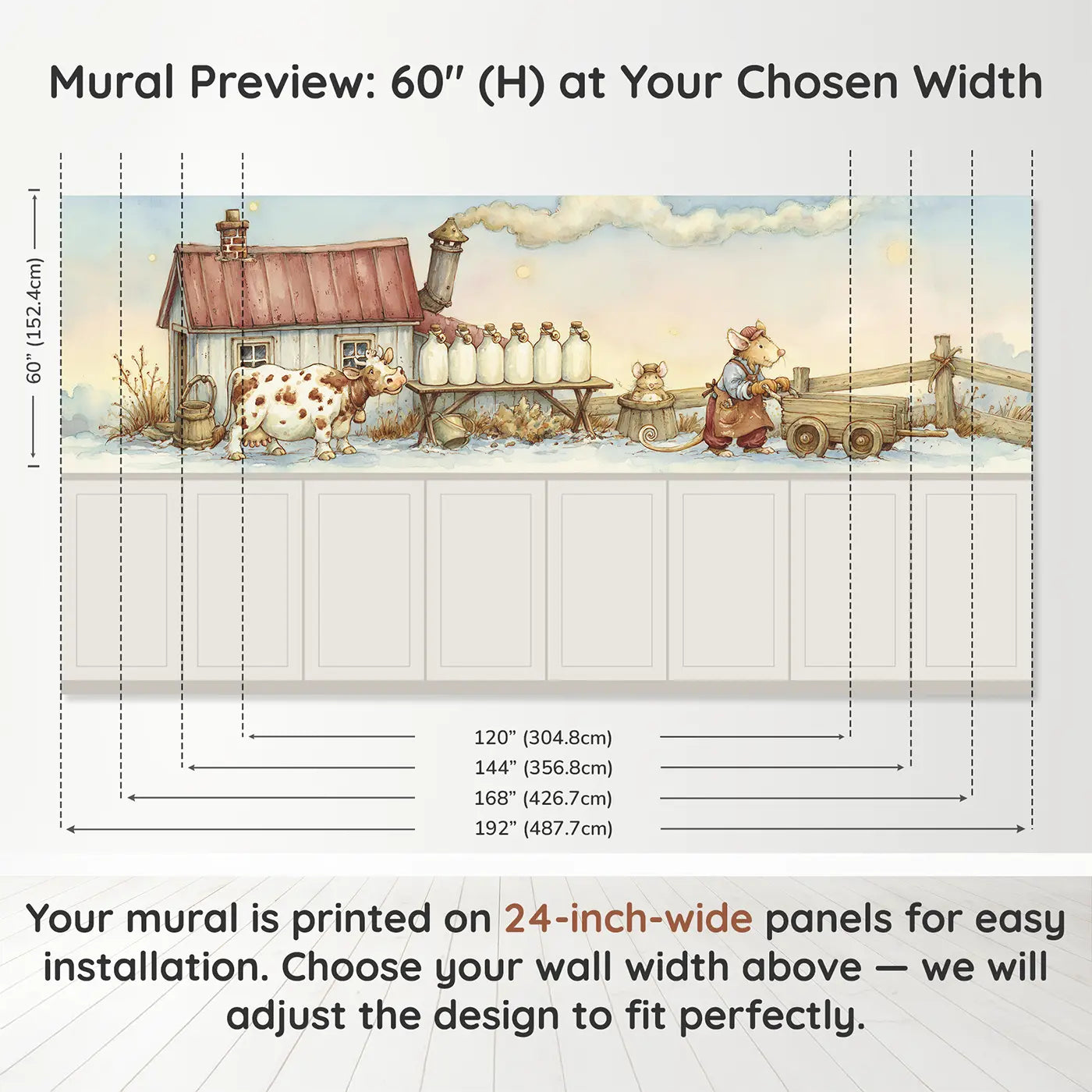 Panel dimensions for Dairy Farm Morning Wainscoting Wallpaper by Whimsy Tots