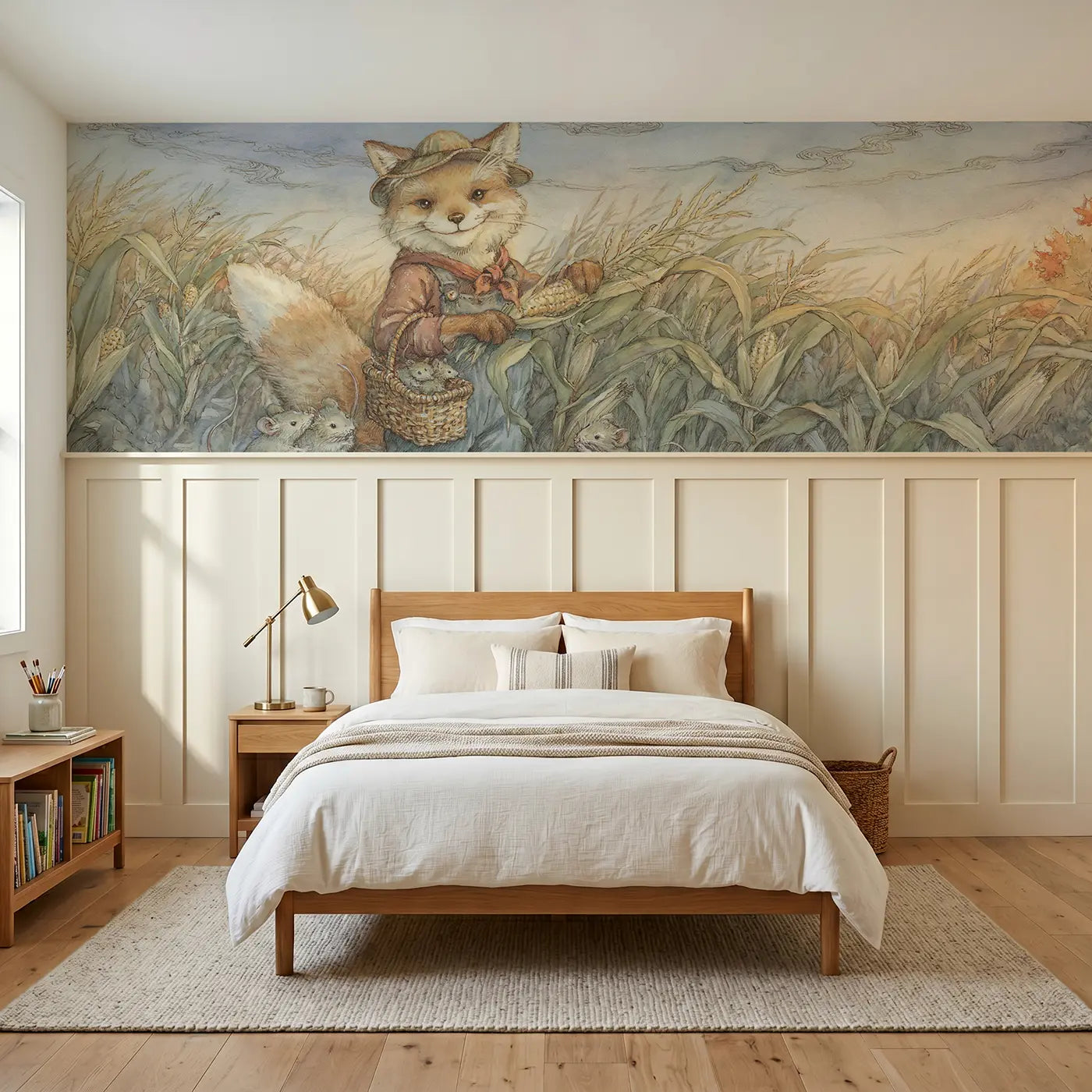 Storybook corn field farmer harvest wainscoting wallpaper for bedroom by Whimsy Tots.