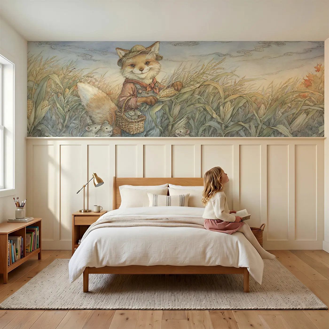 Child reading near Corn Field Farmer Harvest Wainscoting Wallpaper by Whimsy Tots