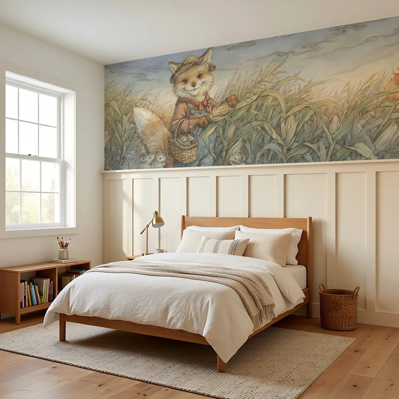 Corn Field Farmer Harvest Wainscoting Wallpaper styled in a kids bedroom by Whimsy Tots