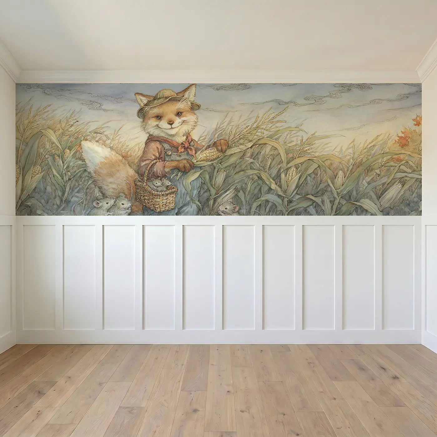 Full panel view of Corn Field Farmer Harvest Wainscoting Wallpaper by Whimsy Tots