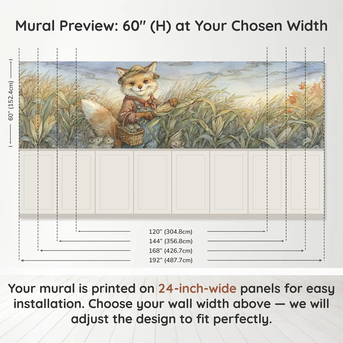 Panel dimensions for Corn Field Farmer Harvest Wainscoting Wallpaper by Whimsy Tots