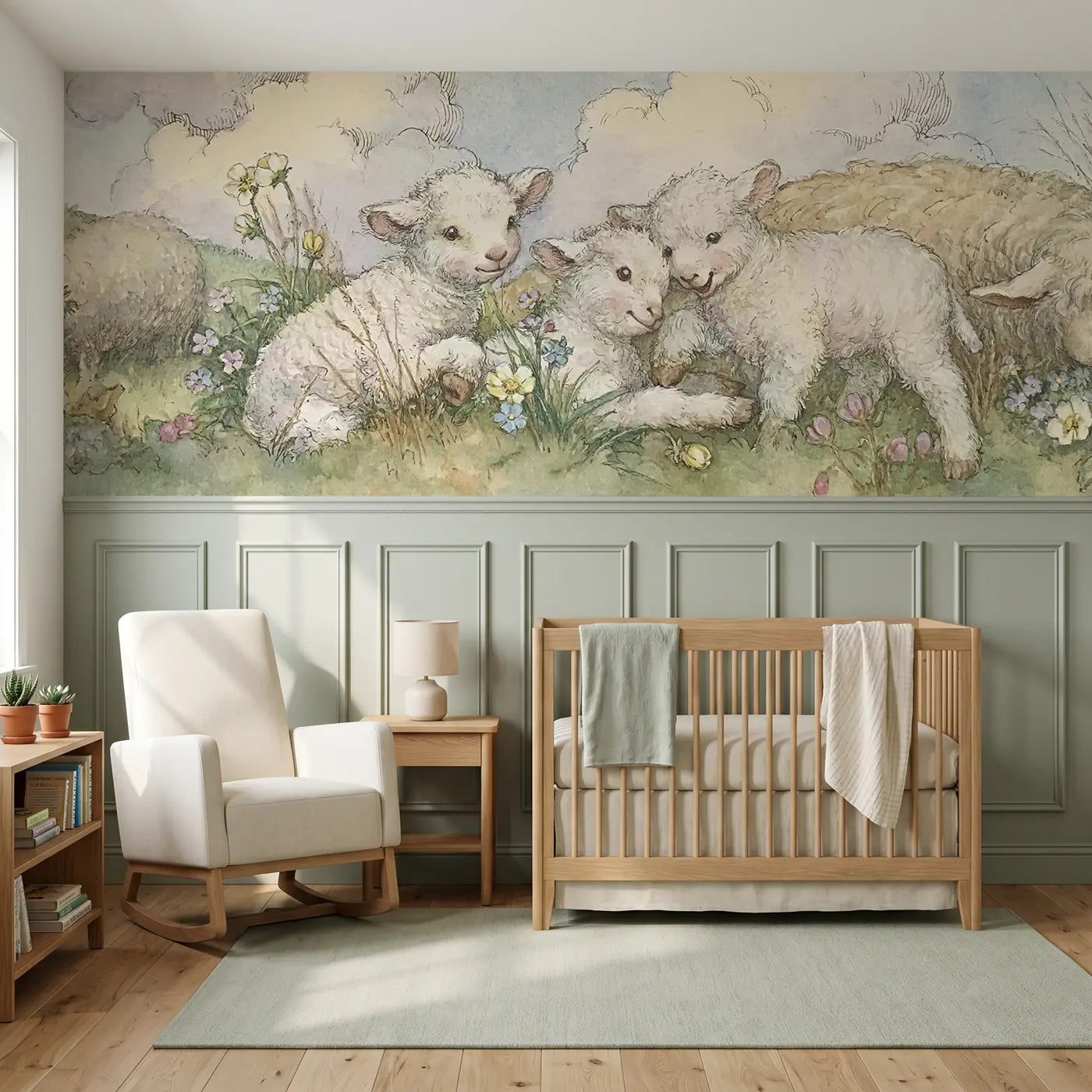 Storybook lamb playtime spring meadow wainscoting wallpaper for nursery by Whimsy Tots.