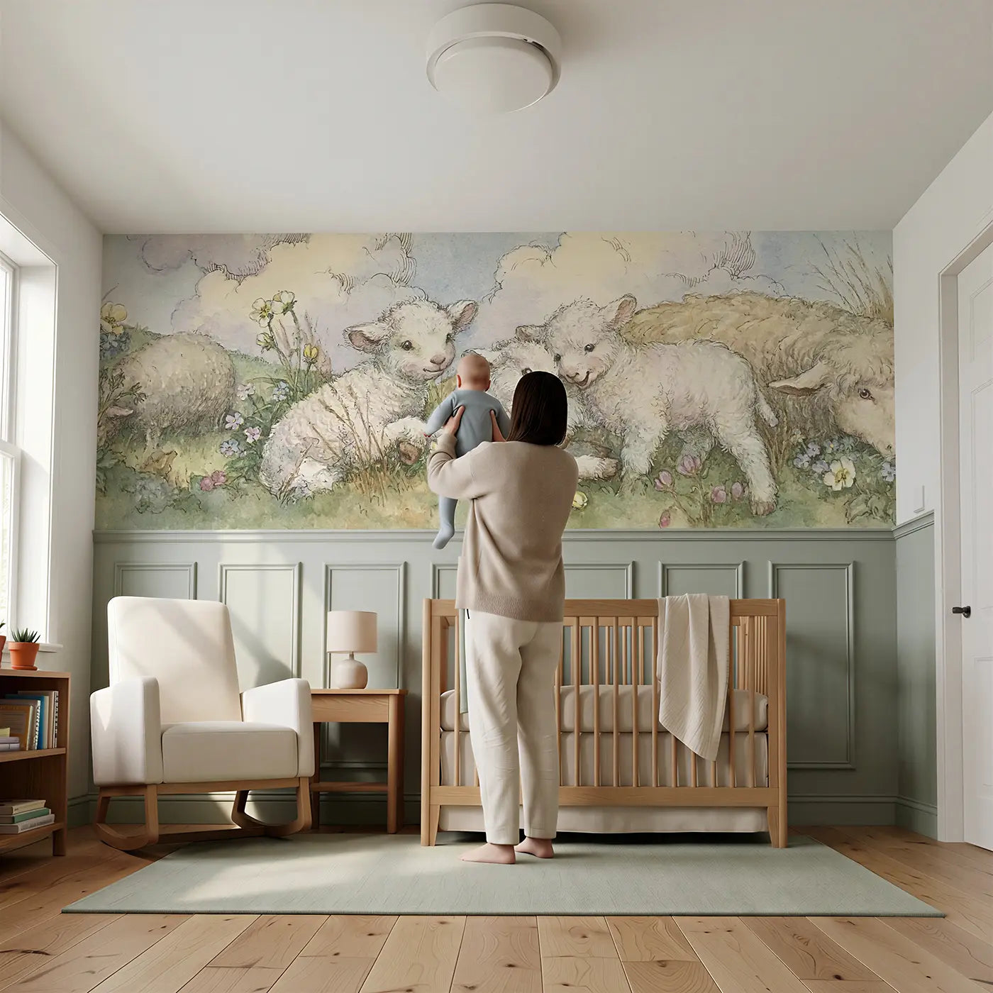 Child reading near Lamb Playtime Spring Meadow Wainscoting Wallpaper by Whimsy Tots