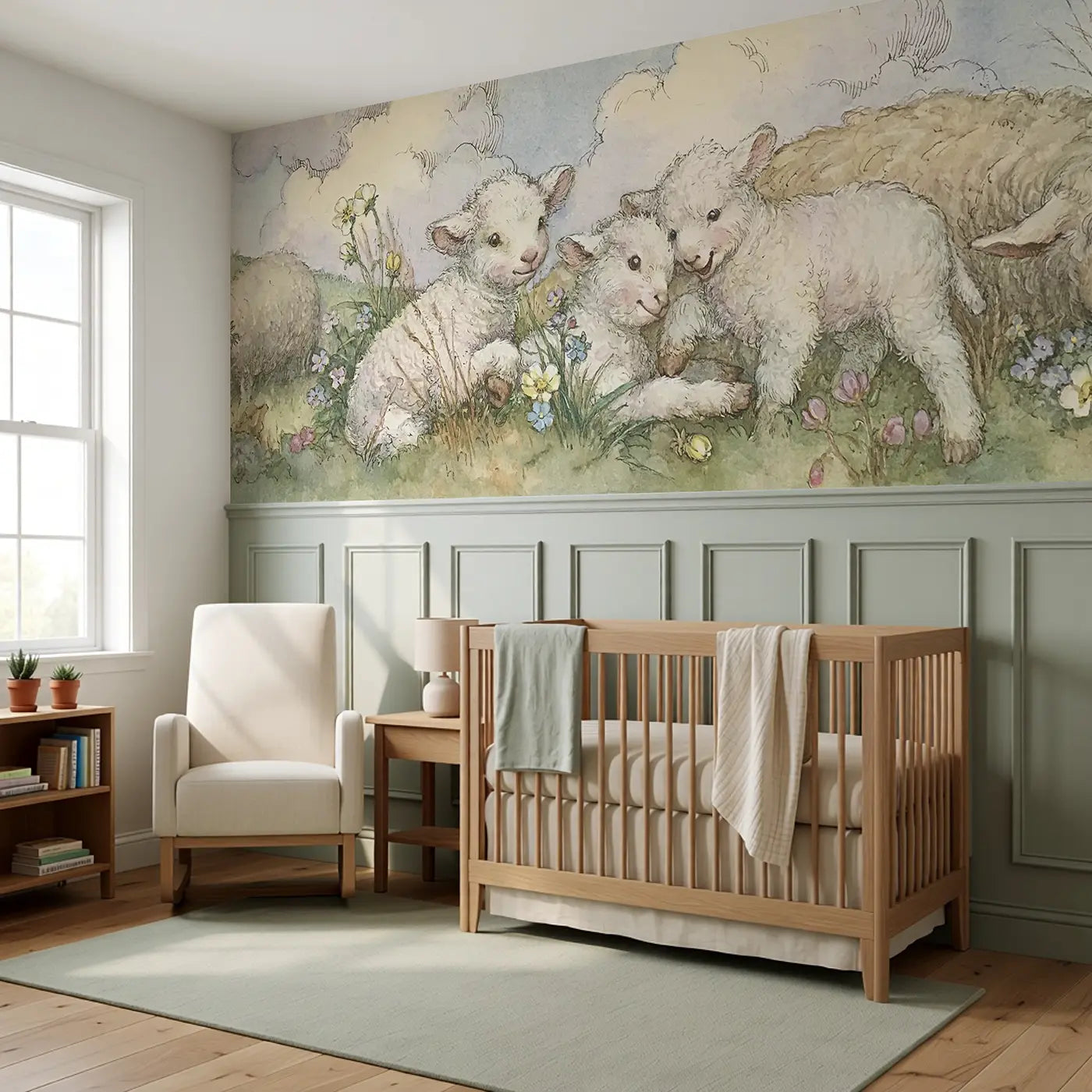 Lamb Playtime Spring Meadow Wainscoting Wallpaper styled in a kids bedroom by Whimsy Tots
