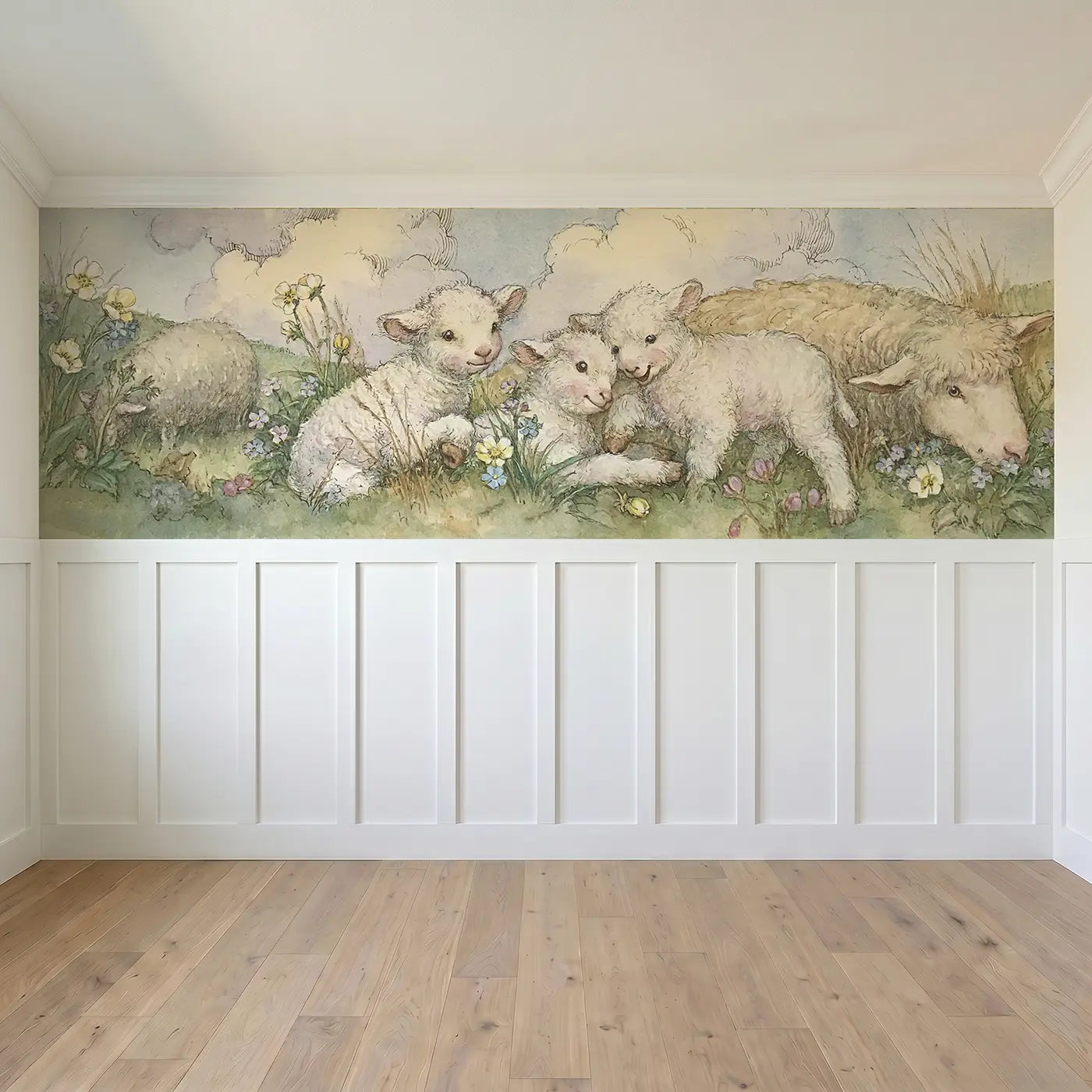 Full panel view of Lamb Playtime Spring Meadow Wainscoting Wallpaper by Whimsy Tots
