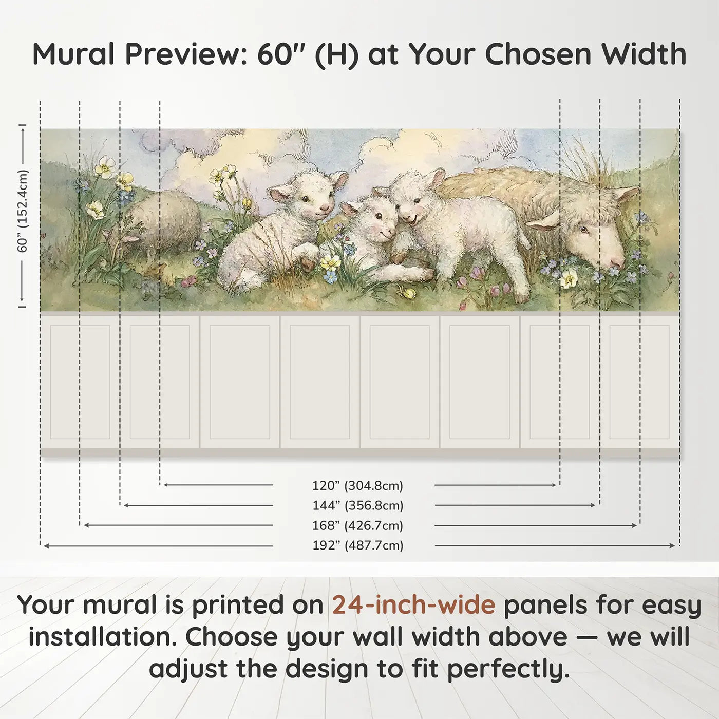 Panel dimensions for Lamb Playtime Spring Meadow Wainscoting Wallpaper by Whimsy Tots