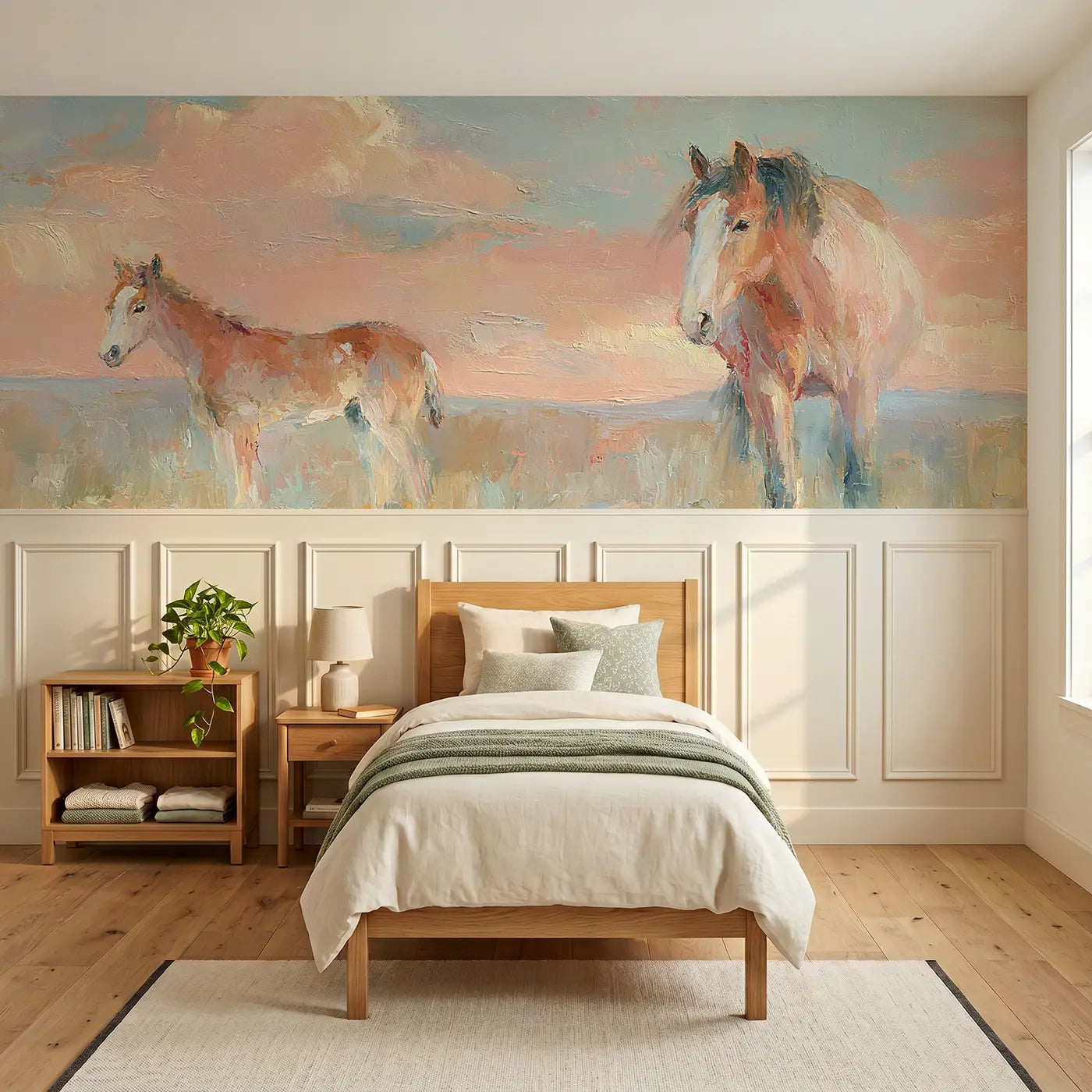 Painted Landscape foal mother horse paddock wainscoting wallpaper for bedroom by Whimsy Tots.