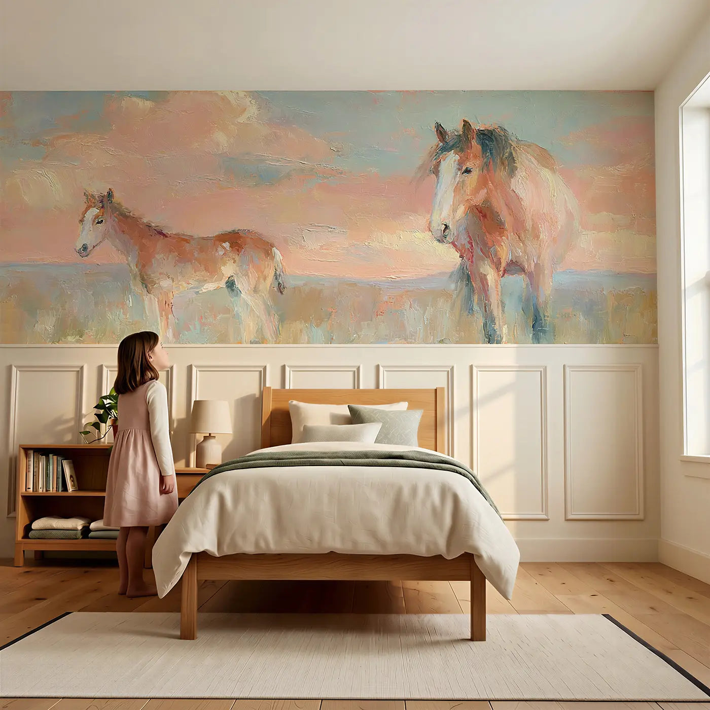 Child reading near Foal Mother Horse Paddock Wainscoting Wallpaper by Whimsy Tots
