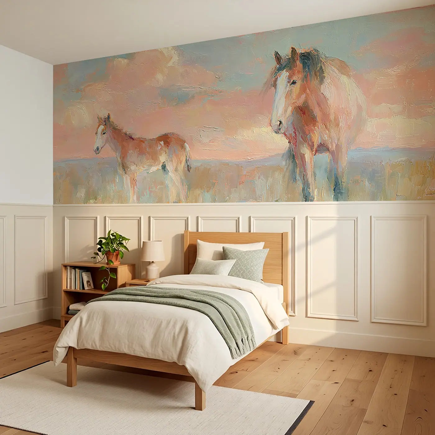 Foal Mother Horse Paddock Wainscoting Wallpaper styled in a kids bedroom by Whimsy Tots