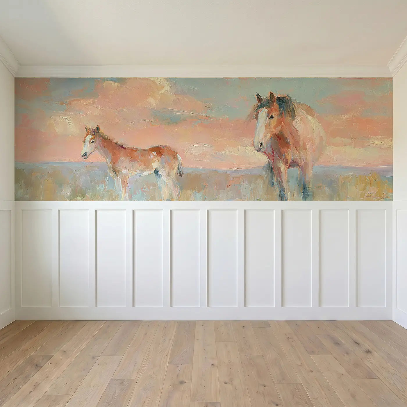 Full panel view of Foal Mother Horse Paddock Wainscoting Wallpaper by Whimsy Tots