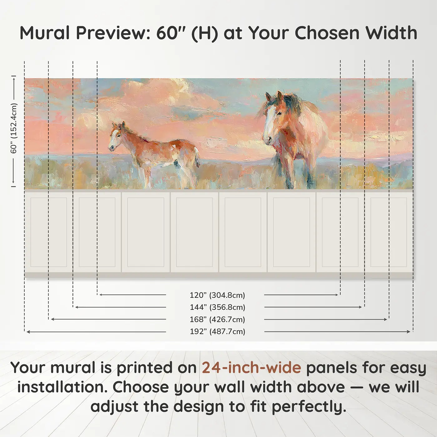 Panel dimensions for Foal Mother Horse Paddock Wainscoting Wallpaper by Whimsy Tots