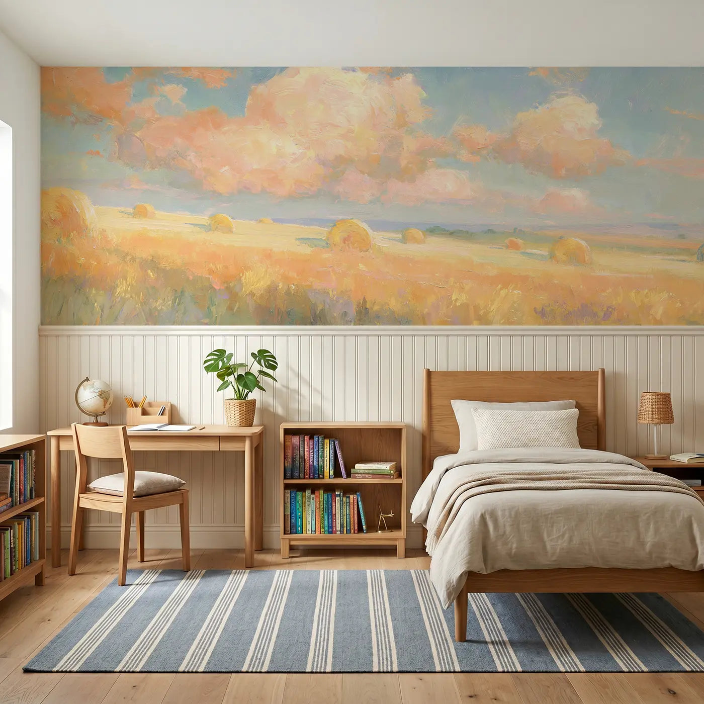 Painted Landscape hay bale golden field wainscoting wallpaper for bedroom by Whimsy Tots.