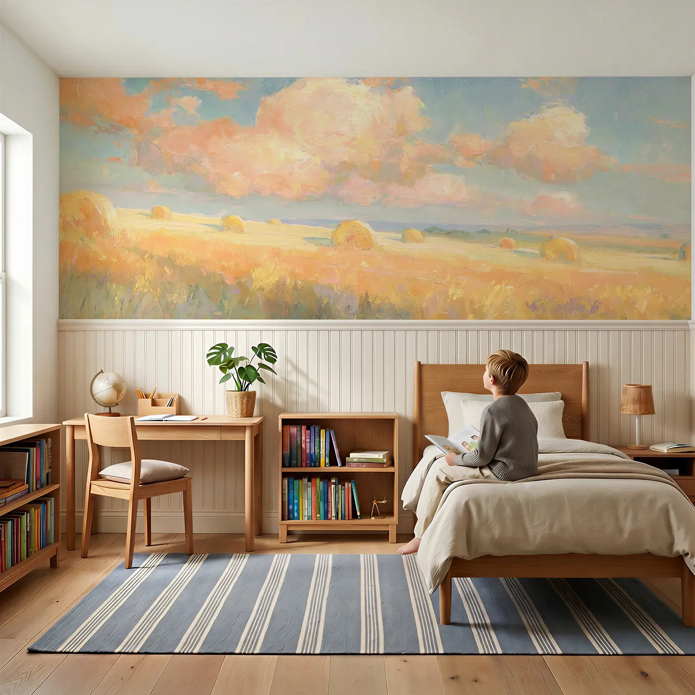 Child reading near Hay Bale Golden Field Wainscoting Wallpaper by Whimsy Tots