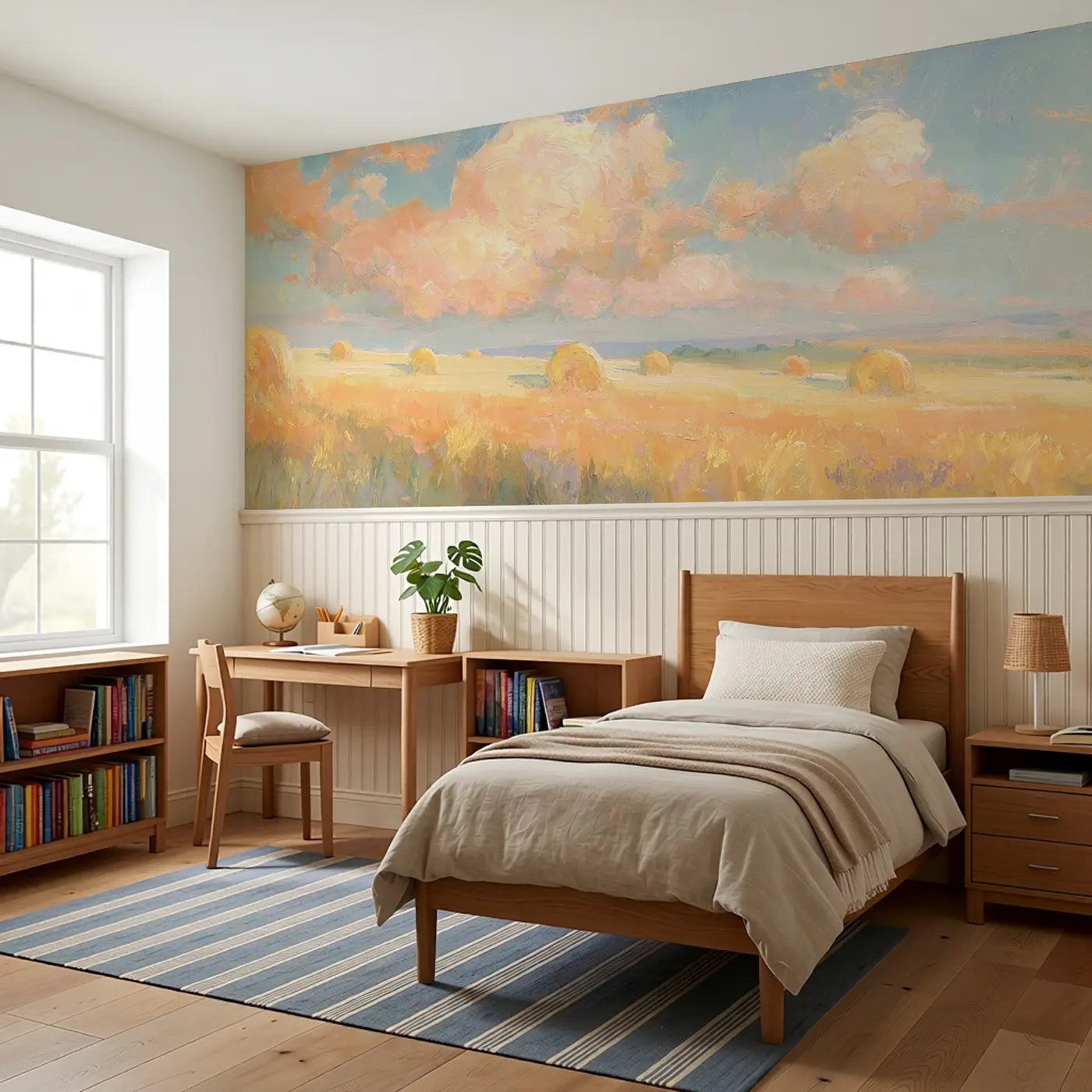 Hay Bale Golden Field Wainscoting Wallpaper styled in a kids bedroom by Whimsy Tots