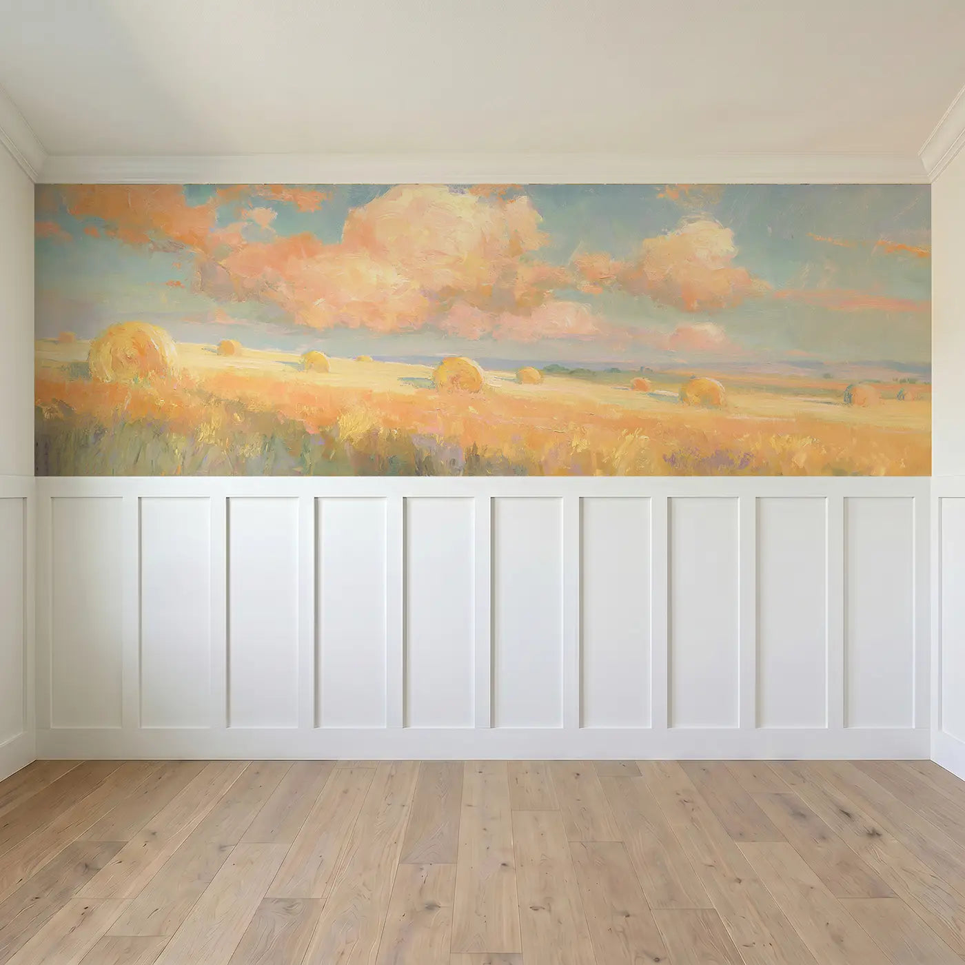 Full panel view of Hay Bale Golden Field Wainscoting Wallpaper by Whimsy Tots