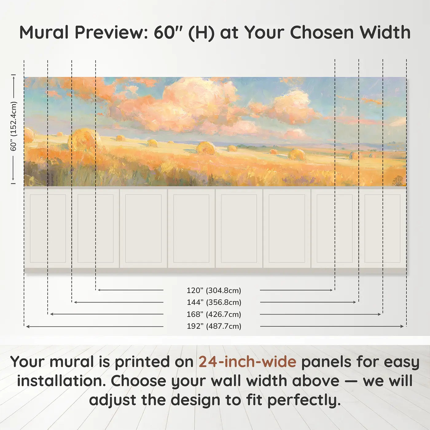 Panel dimensions for Hay Bale Golden Field Wainscoting Wallpaper by Whimsy Tots