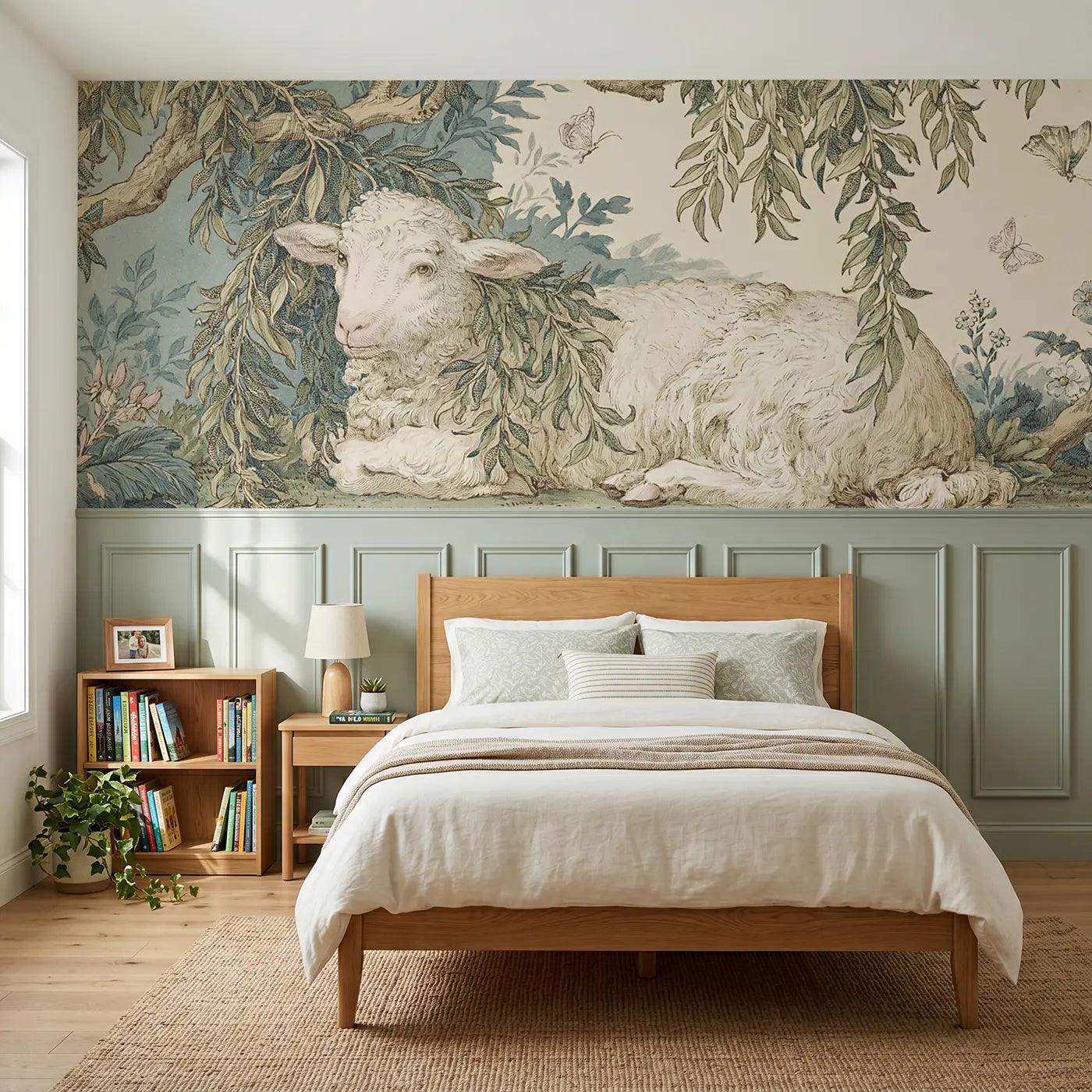 Botanical Elegance sheep willow garden wainscoting wallpaper for bedroom by Whimsy Tots.