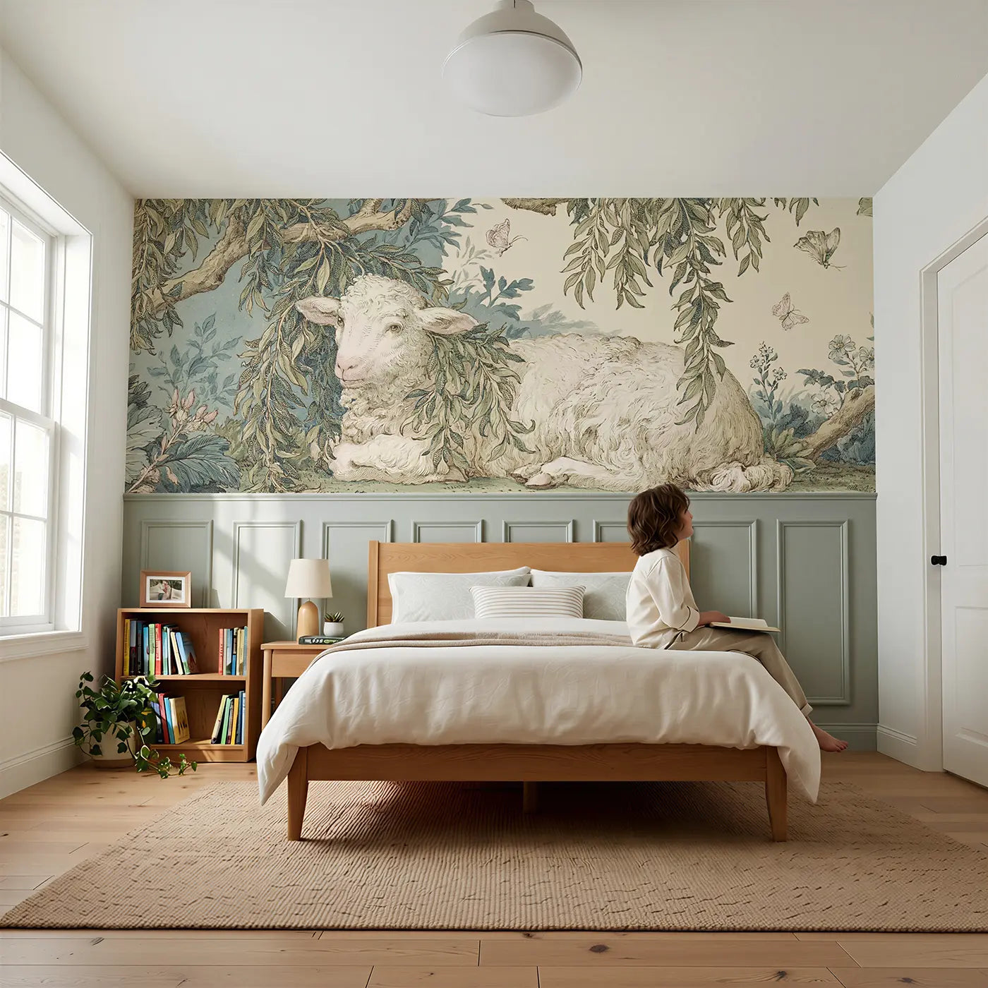 Child reading near Sheep Willow Garden Toile Wainscoting Wallpaper by Whimsy Tots