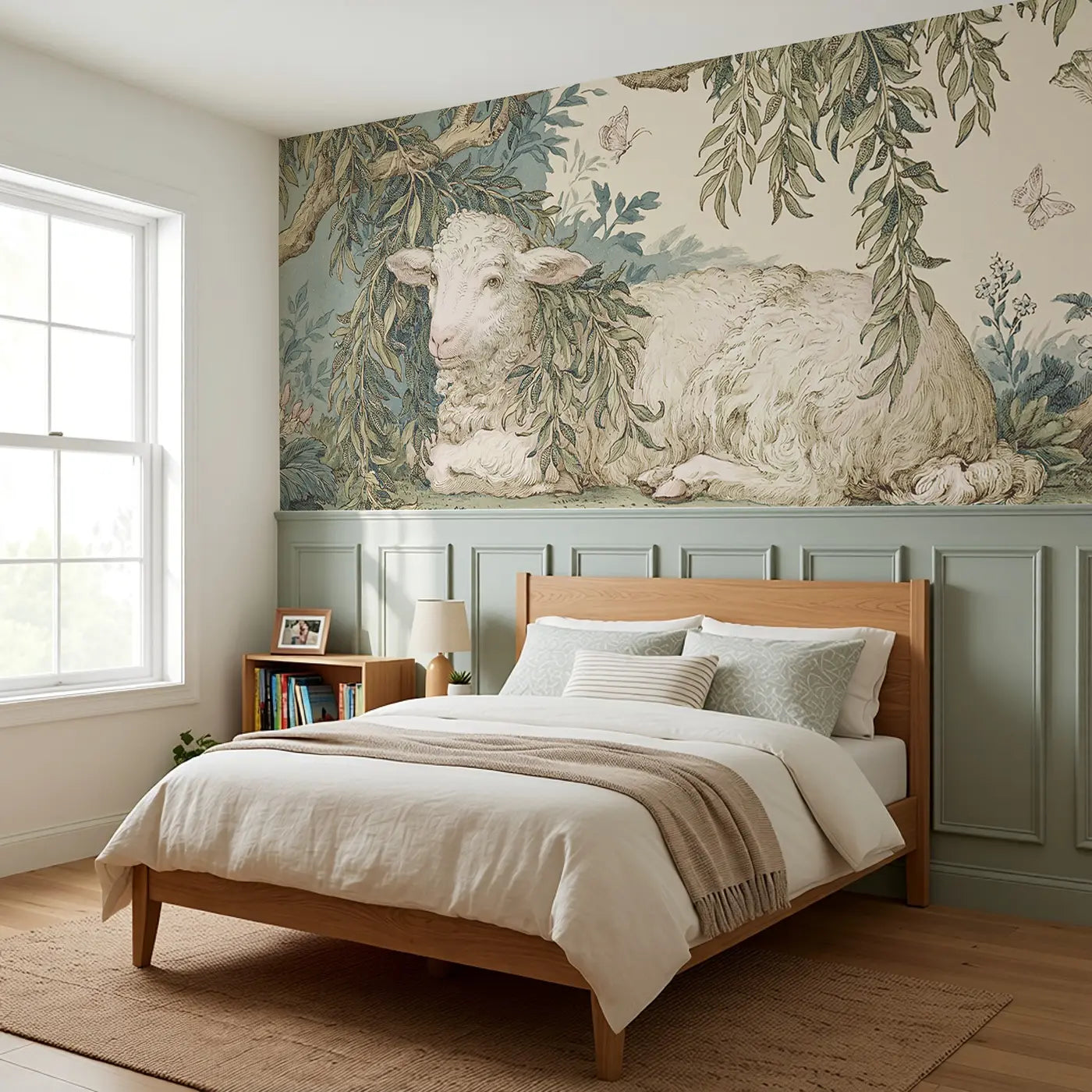 Sheep Willow Garden Toile Wainscoting Wallpaper styled in a kids bedroom by Whimsy Tots