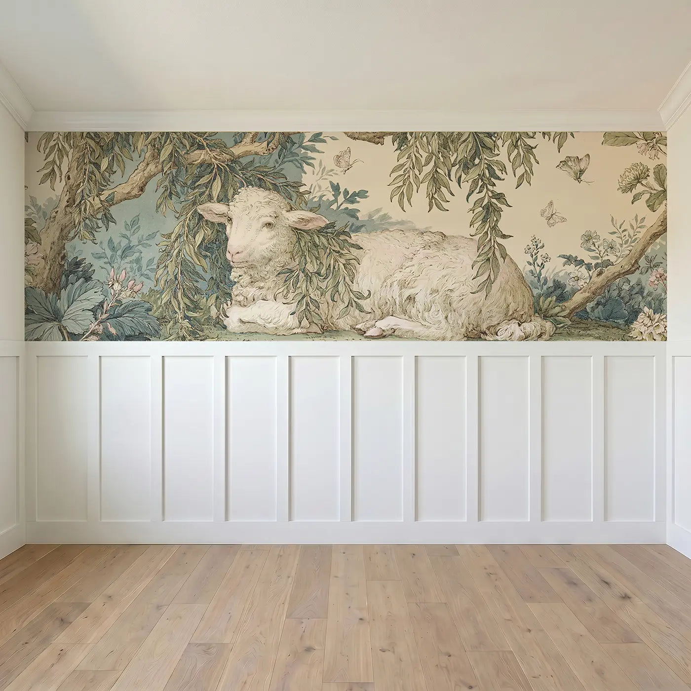 Full panel view of Sheep Willow Garden Toile Wainscoting Wallpaper by Whimsy Tots