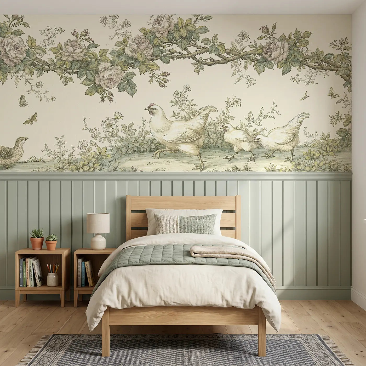 Botanical Elegance chicken rose vine scene wainscoting wallpaper for bedroom by Whimsy Tots.