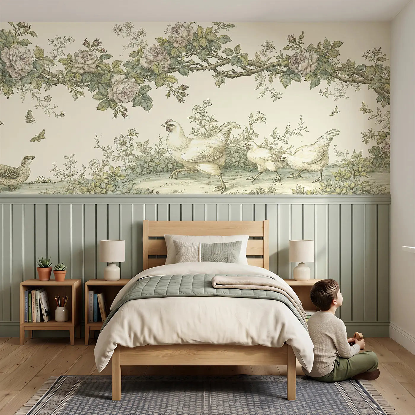 Child reading near Chicken Rose Vine Scene Wainscoting Wallpaper by Whimsy Tots